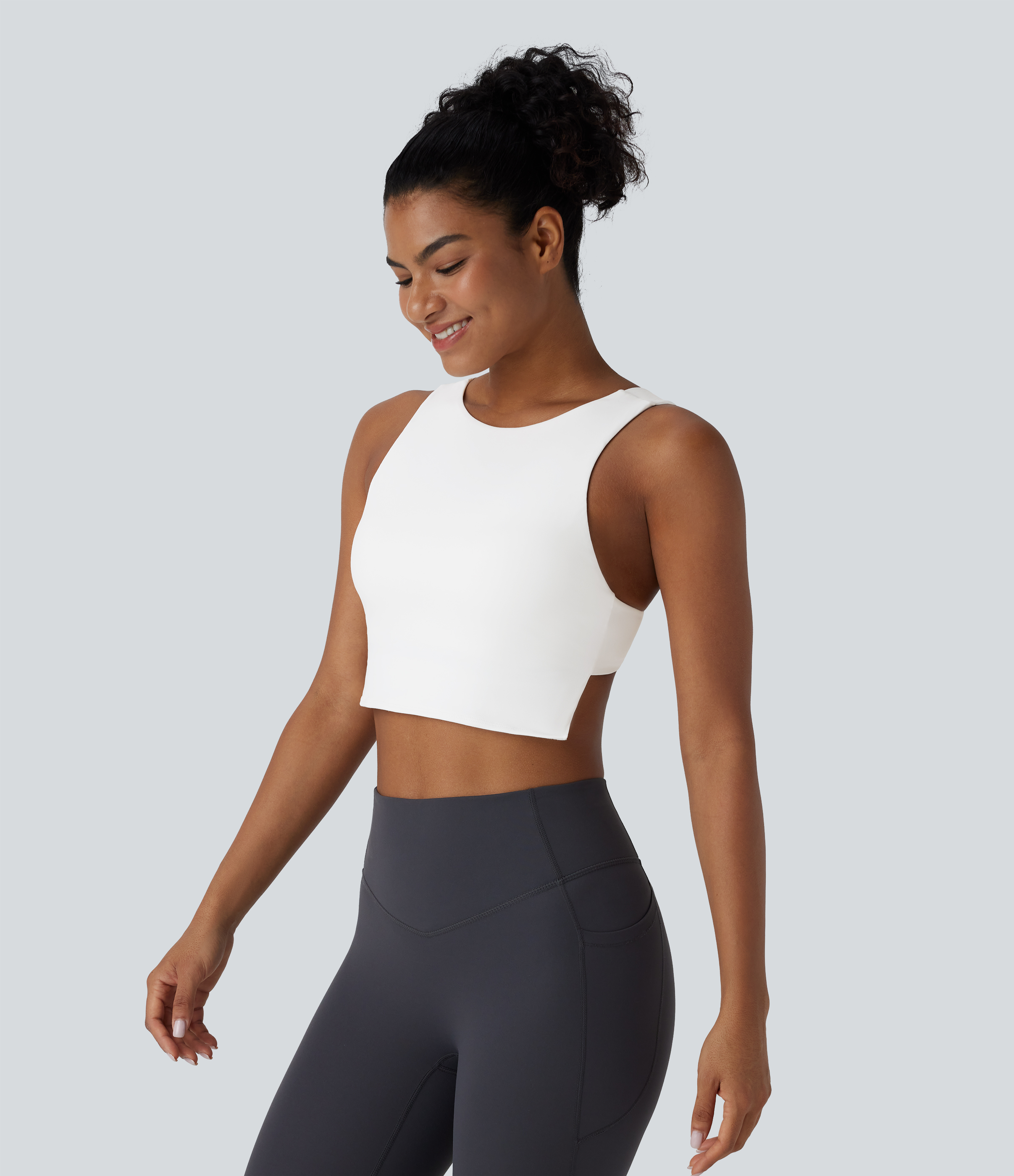 Halara Softlyzeroв„ў Plush Backless Skinny Cropped Yoga Tank Top Tank Top - White - XS golf tops halter top tunic tops sleeveless tops 