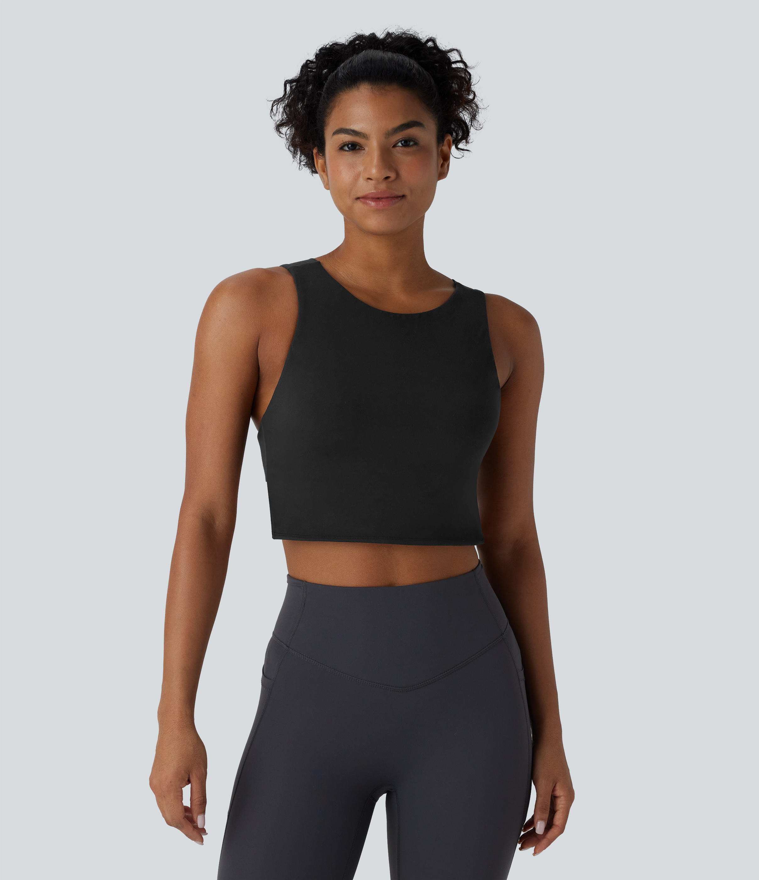 Halara Softlyzeroв„ў Plush Backless Skinny Cropped Yoga Tank Top Tank Top - Black - S golf tops halter top tunic tops sleeveless tops 