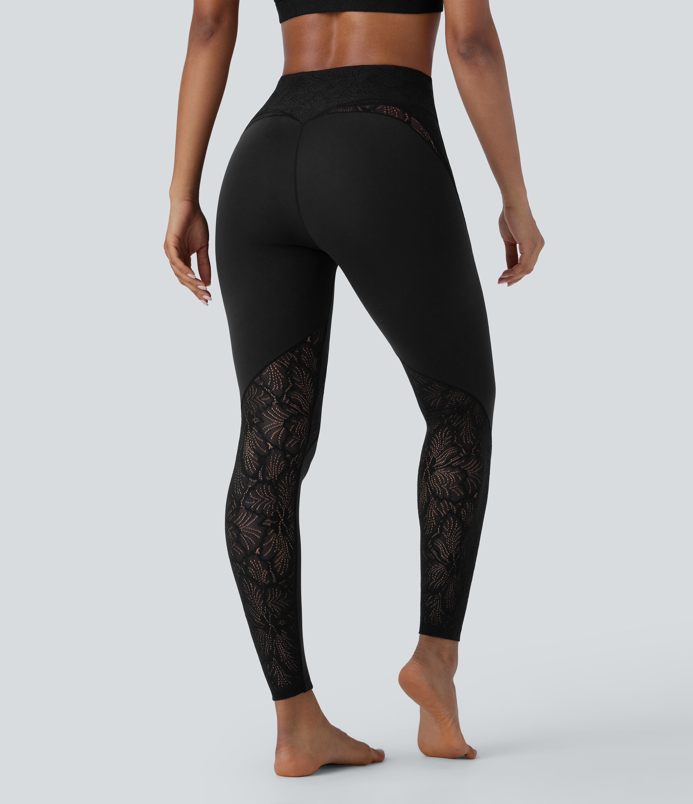 Halara Softlyzeroв„ў High Waisted Back Pocket Contrast Lace 7/8 Yoga Leggings-UPF50+  - Black - XL(7/8) gym leggings leggings with pockets 