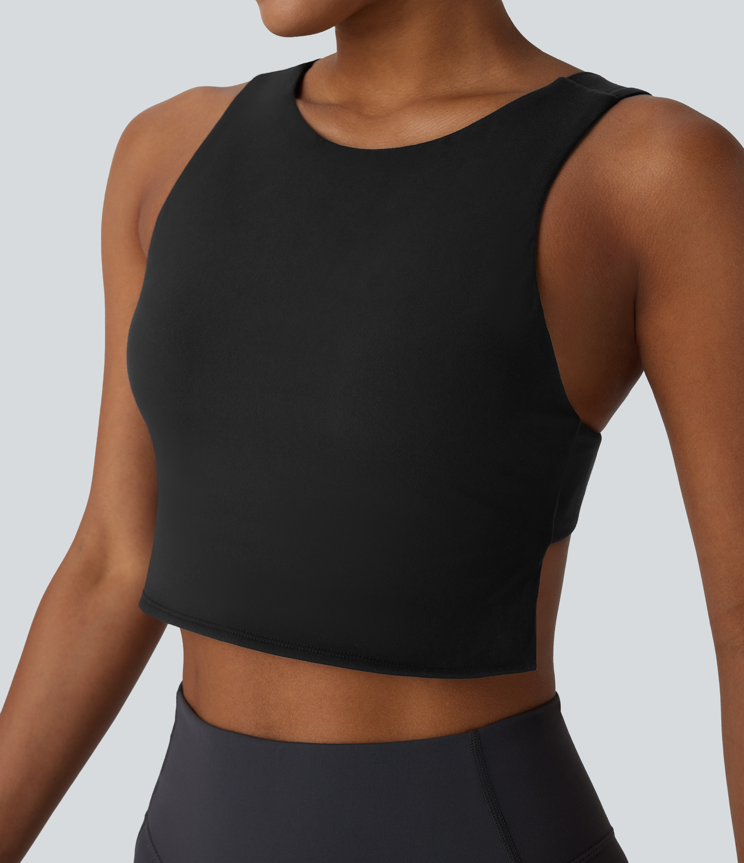 Halara Softlyzeroв„ў Plush Backless Skinny Cropped Yoga Tank Top Tank Top - Black - S golf tops halter top tunic tops sleeveless tops 