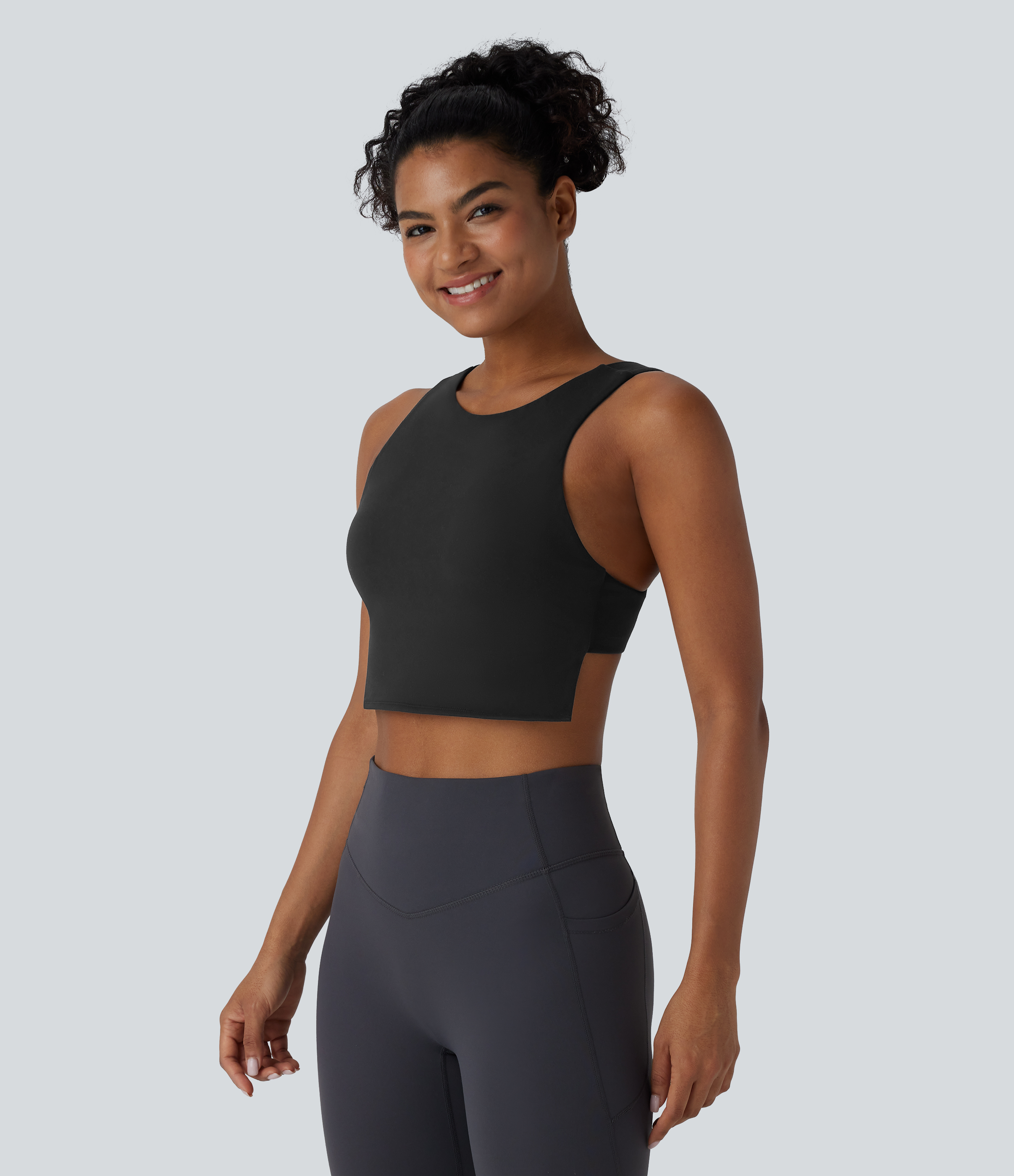 Halara Softlyzeroв„ў Plush Backless Skinny Cropped Yoga Tank Top Tank Top - Black - S golf tops halter top tunic tops sleeveless tops 