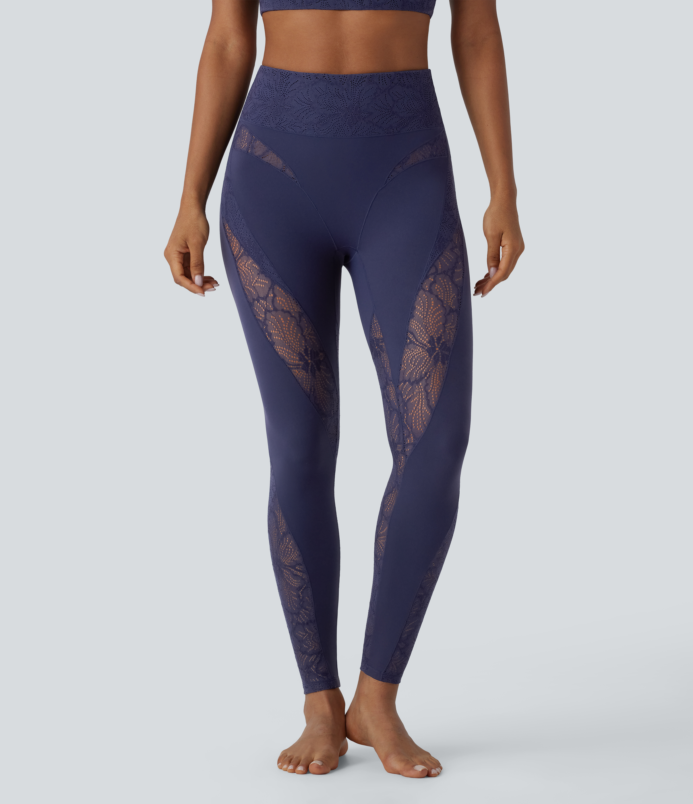 Halara Softlyzeroв„ў High Waisted Back Pocket Contrast Lace 7/8 Yoga Leggings-UPF50+  - Peacoat - M(7/8) gym leggings leggings with pockets 