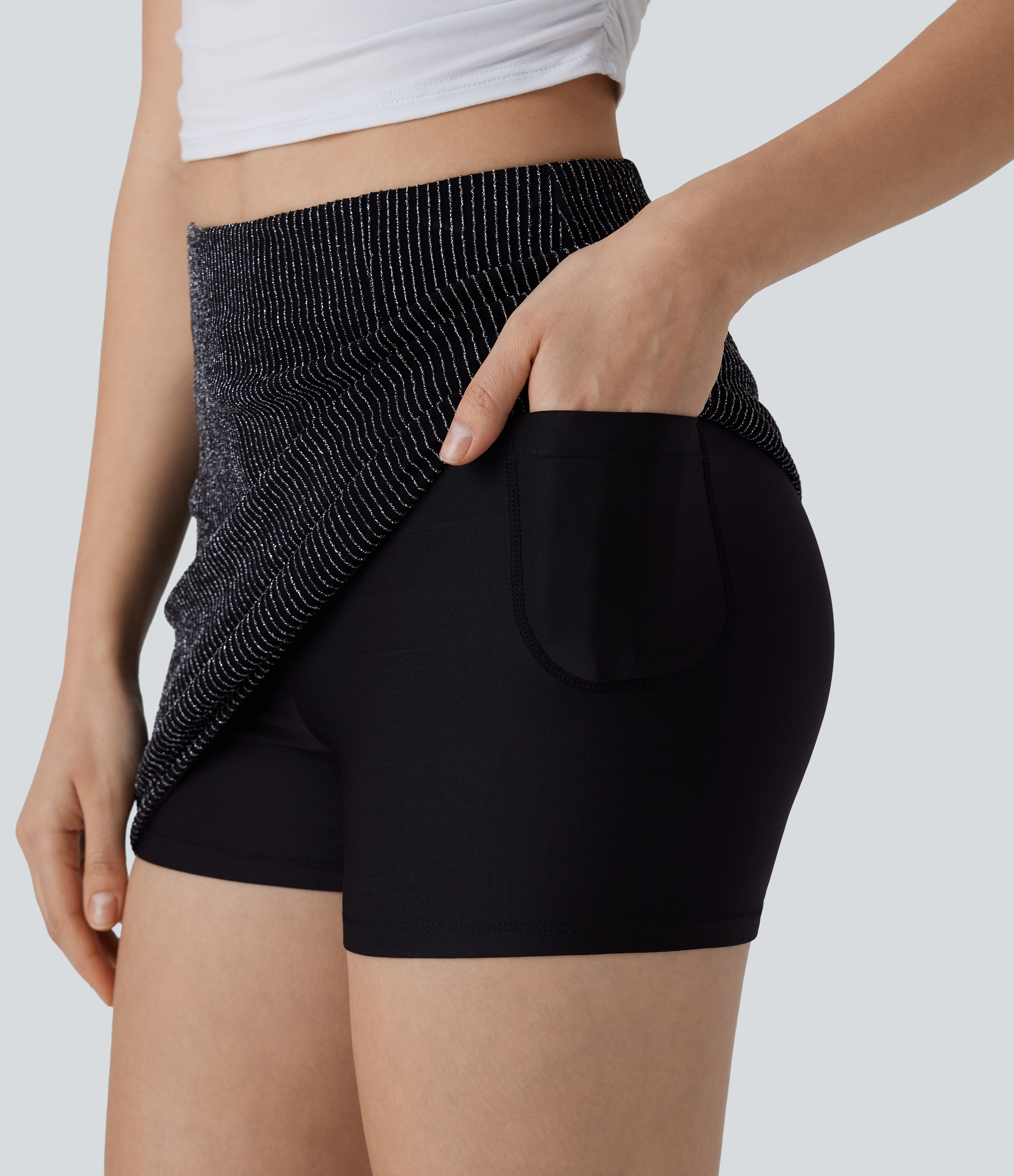 Halara High Waisted 2-in-1 Side Pocket Metallic Stripe Bodycon Mini Casual Skirt  - Black White Starlight Stripe - XS(regular) 