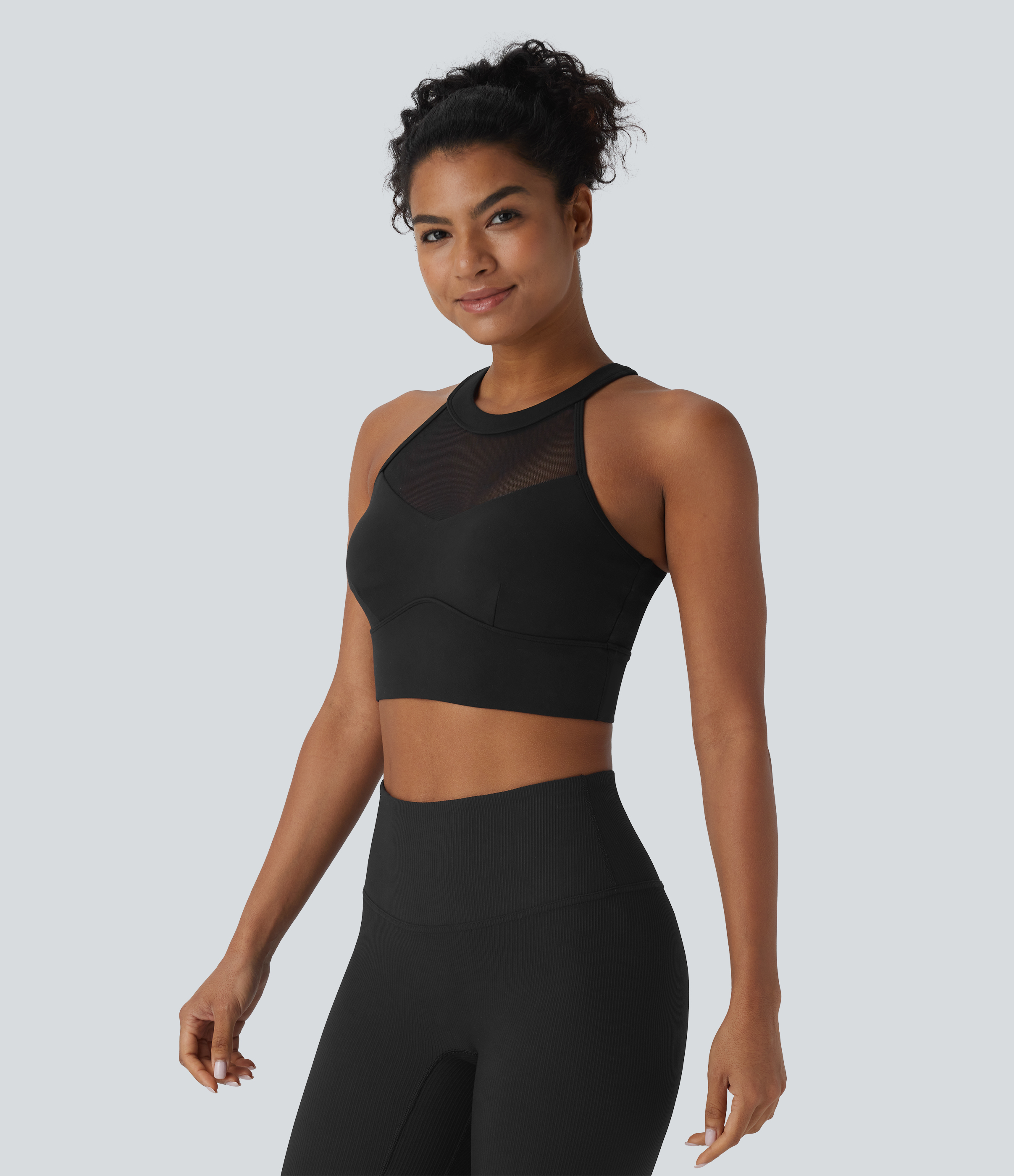 Halara Softlyzeroв„ў Plush Crisscross Backless Racerback Contrast Mesh Cropped Yoga Tank Top Tank Top - Black - S golf tops halter top 