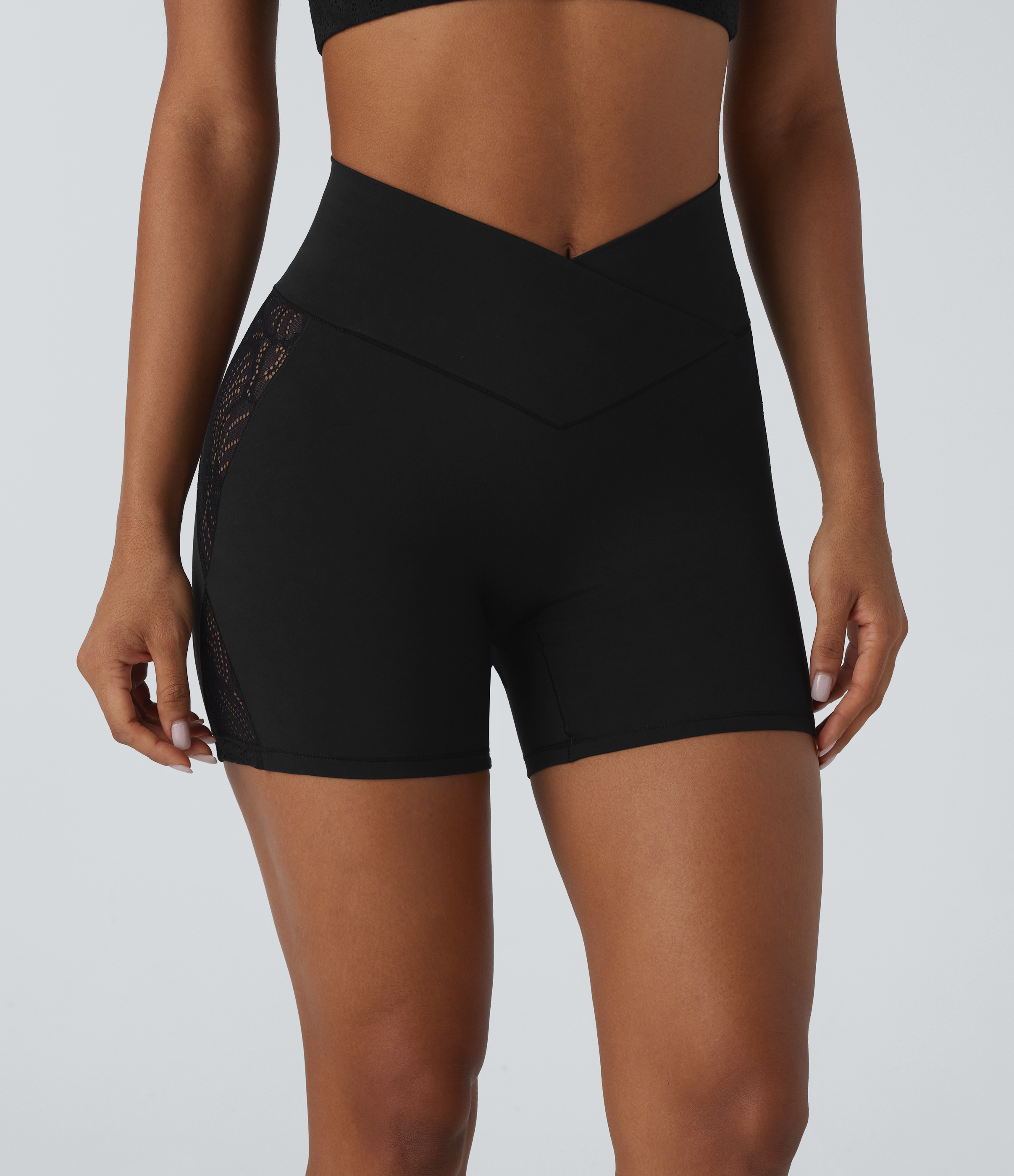 Halara Softlyzeroв„ў High Waisted Crossover Contrast Lace Back Pocket Yoga Biker Shorts 5``-UPF50+  - Black - XL biker shorts women 