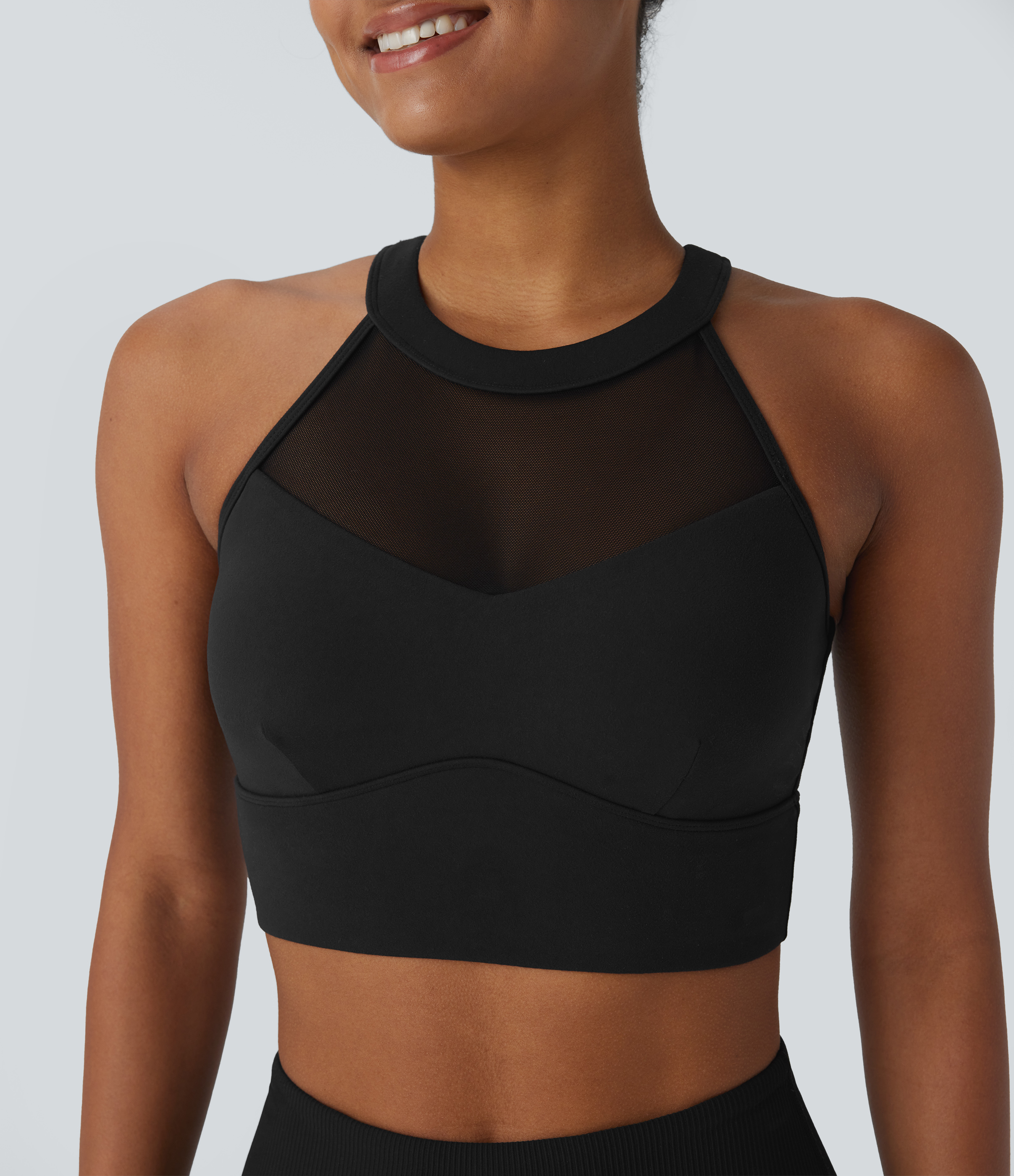 Halara Softlyzeroв„ў Plush Crisscross Backless Racerback Contrast Mesh Cropped Yoga Tank Top Tank Top - Black - S golf tops halter top 