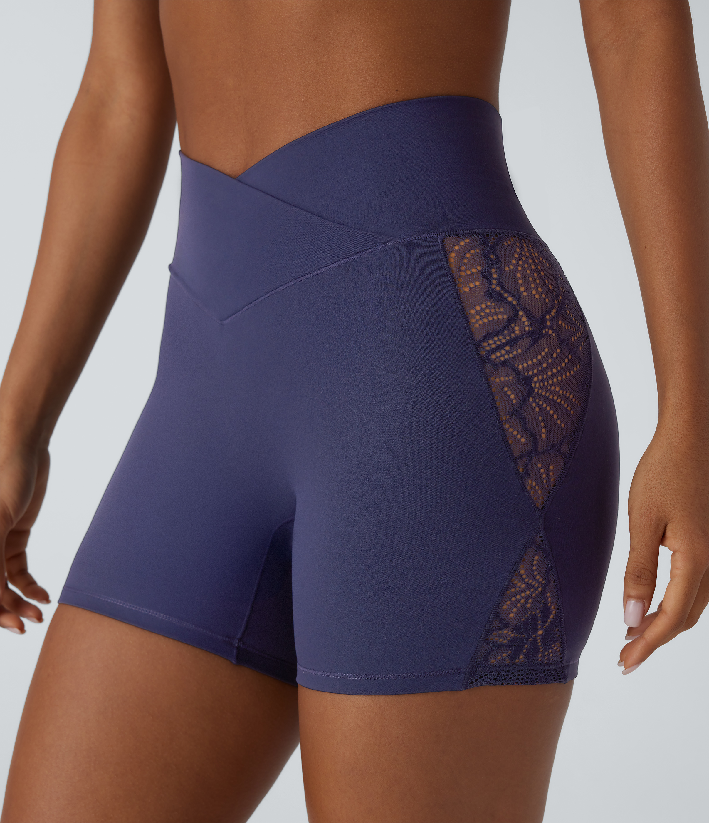 Halara Softlyzeroв„ў High Waisted Crossover Contrast Lace Back Pocket Yoga Biker Shorts 5``-UPF50+  - Peacoat - XL biker shorts women 