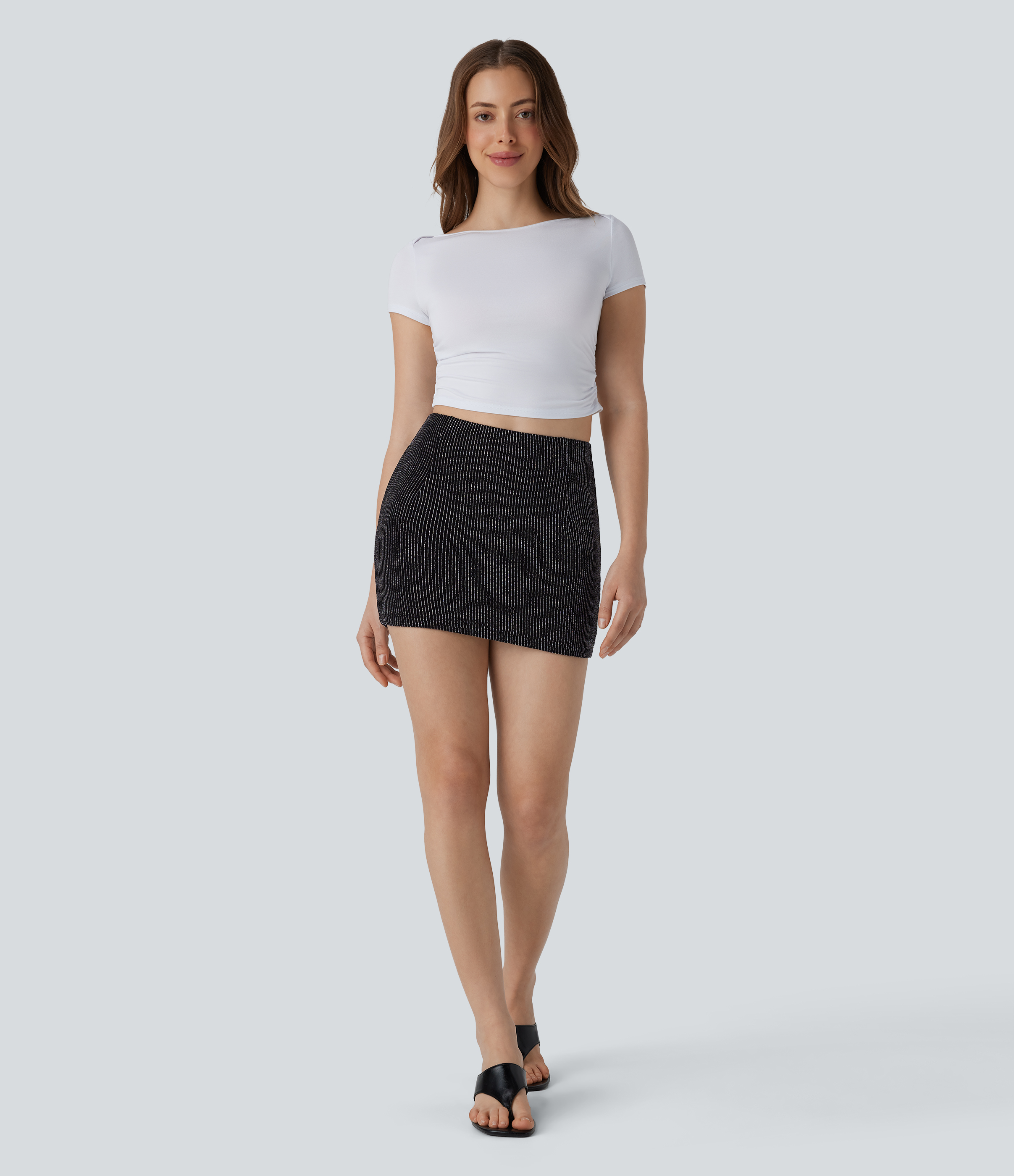 Halara High Waisted 2-in-1 Side Pocket Metallic Stripe Bodycon Mini Casual Skirt  - Black White Starlight Stripe - XS(regular) 