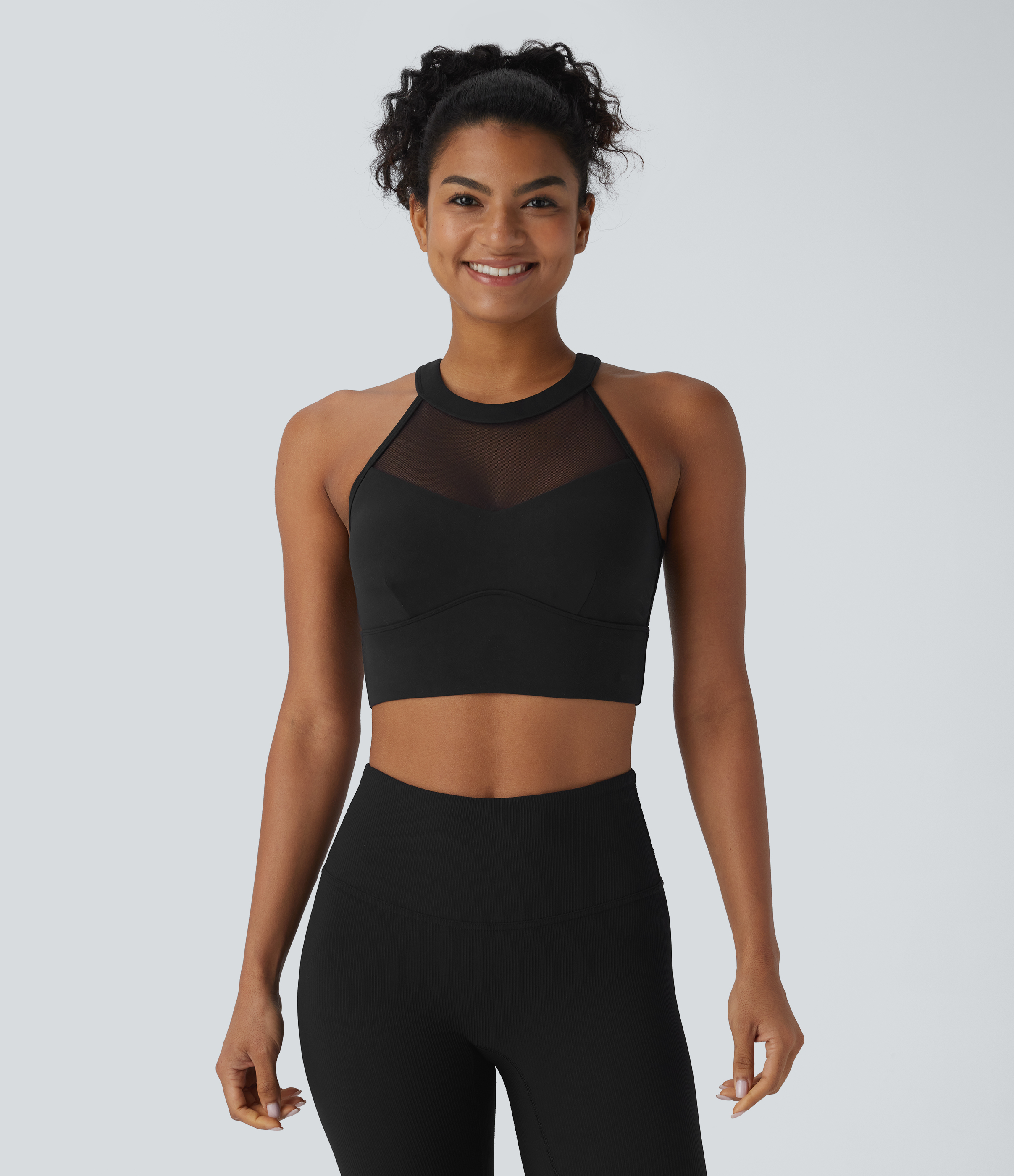 Halara Softlyzeroв„ў Plush Crisscross Backless Racerback Contrast Mesh Cropped Yoga Tank Top Tank Top - Black - S golf tops halter top 