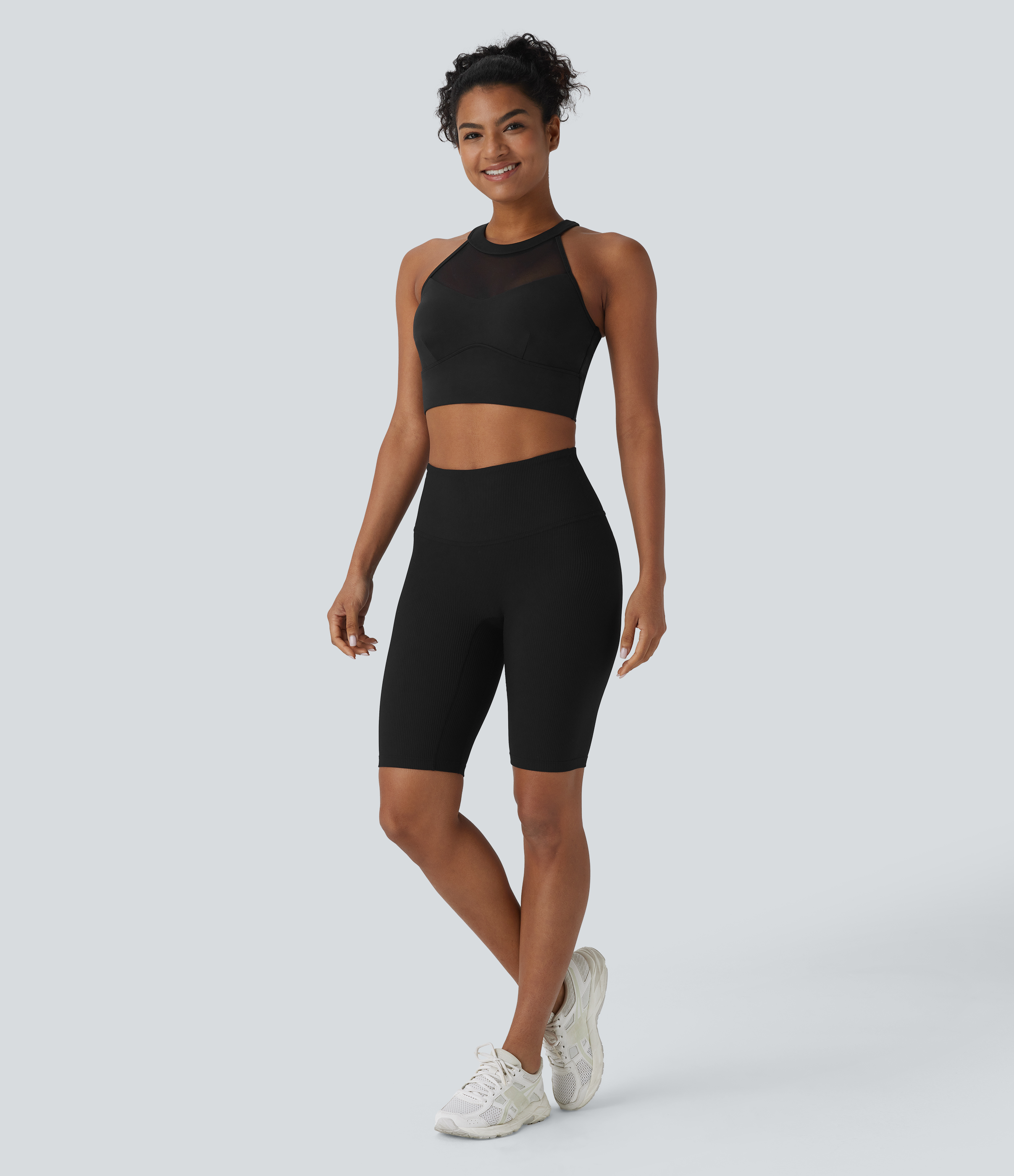 Halara Softlyzeroв„ў Plush Crisscross Backless Racerback Contrast Mesh Cropped Yoga Tank Top Tank Top - Black - S golf tops halter top 