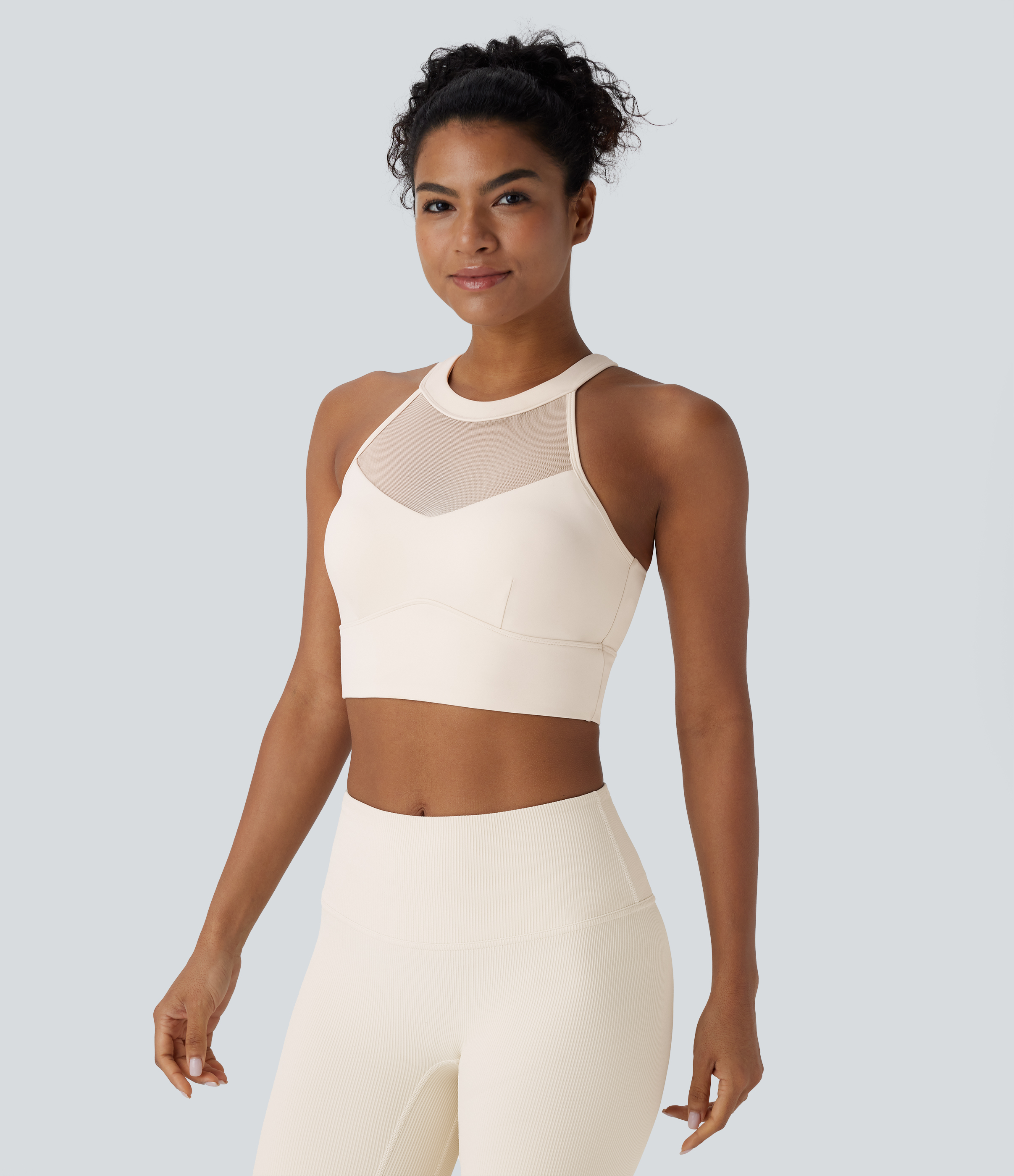 Halara Softlyzeroв„ў Plush Crisscross Backless Racerback Contrast Mesh Cropped Yoga Tank Top Tank Top - Solitary Star - L golf tops halter top 