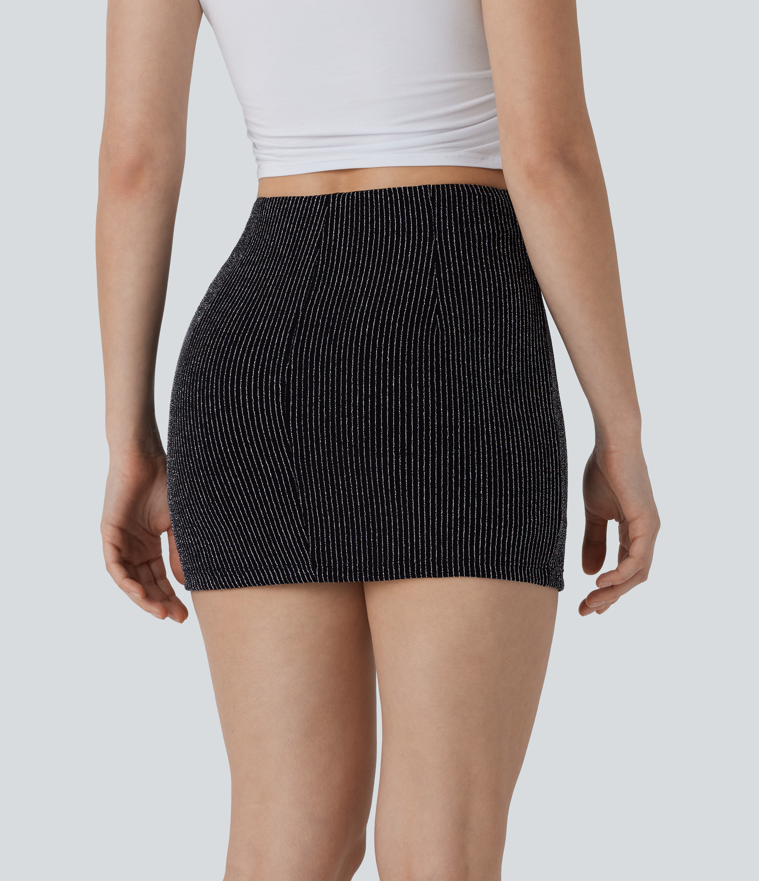 Halara High Waisted 2-in-1 Side Pocket Metallic Stripe Bodycon Mini Casual Skirt  - Black White Starlight Stripe - XS(regular) 
