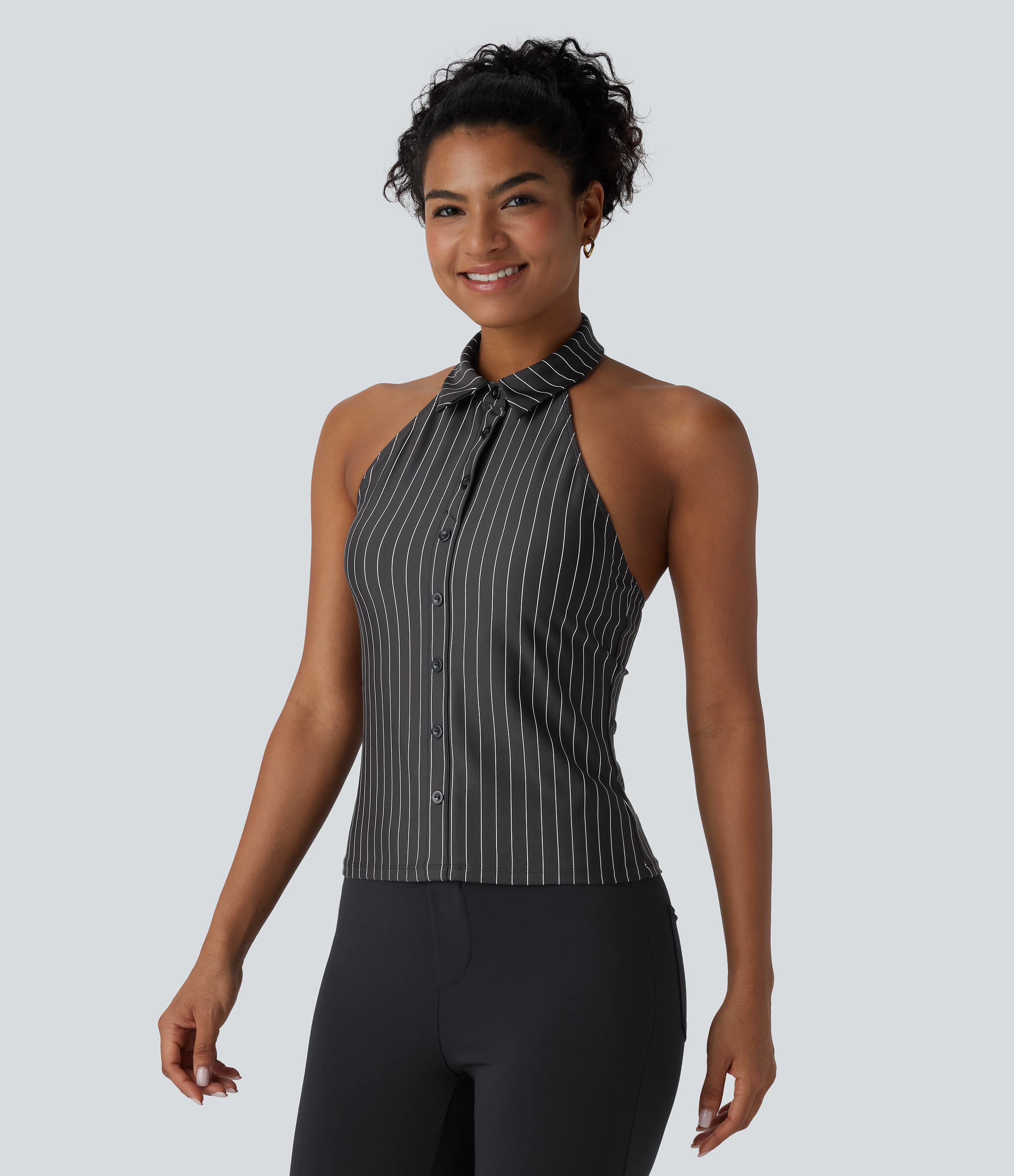 Halara Halter Backless Stripe Cool Touch Work Top Tank Top - Black White Oxford Pinstripe - S golf tops halter top tunic tops sleeveless tops 
