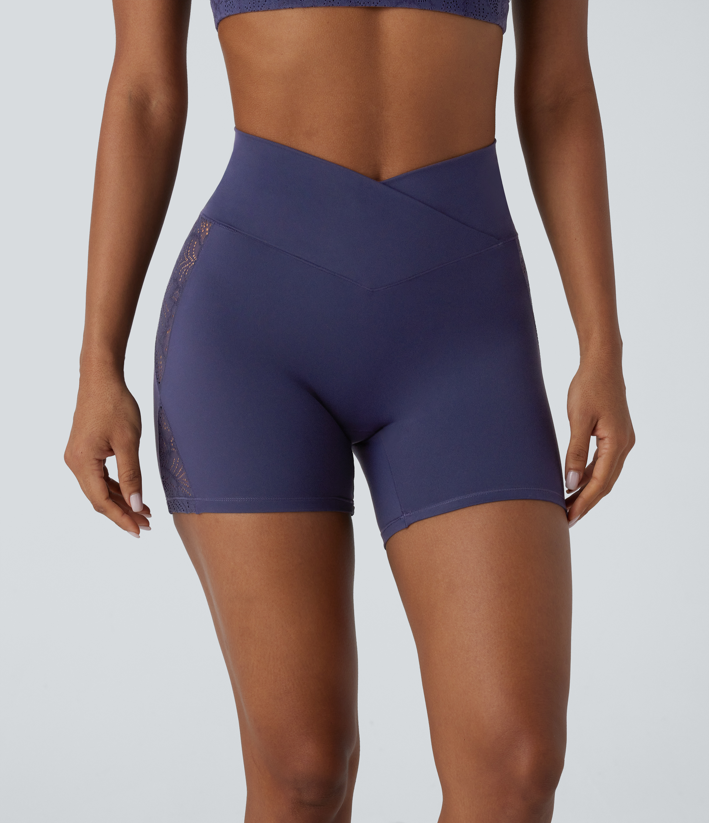 Halara Softlyzeroв„ў High Waisted Crossover Contrast Lace Back Pocket Yoga Biker Shorts 5``-UPF50+  - Peacoat - XL biker shorts women 