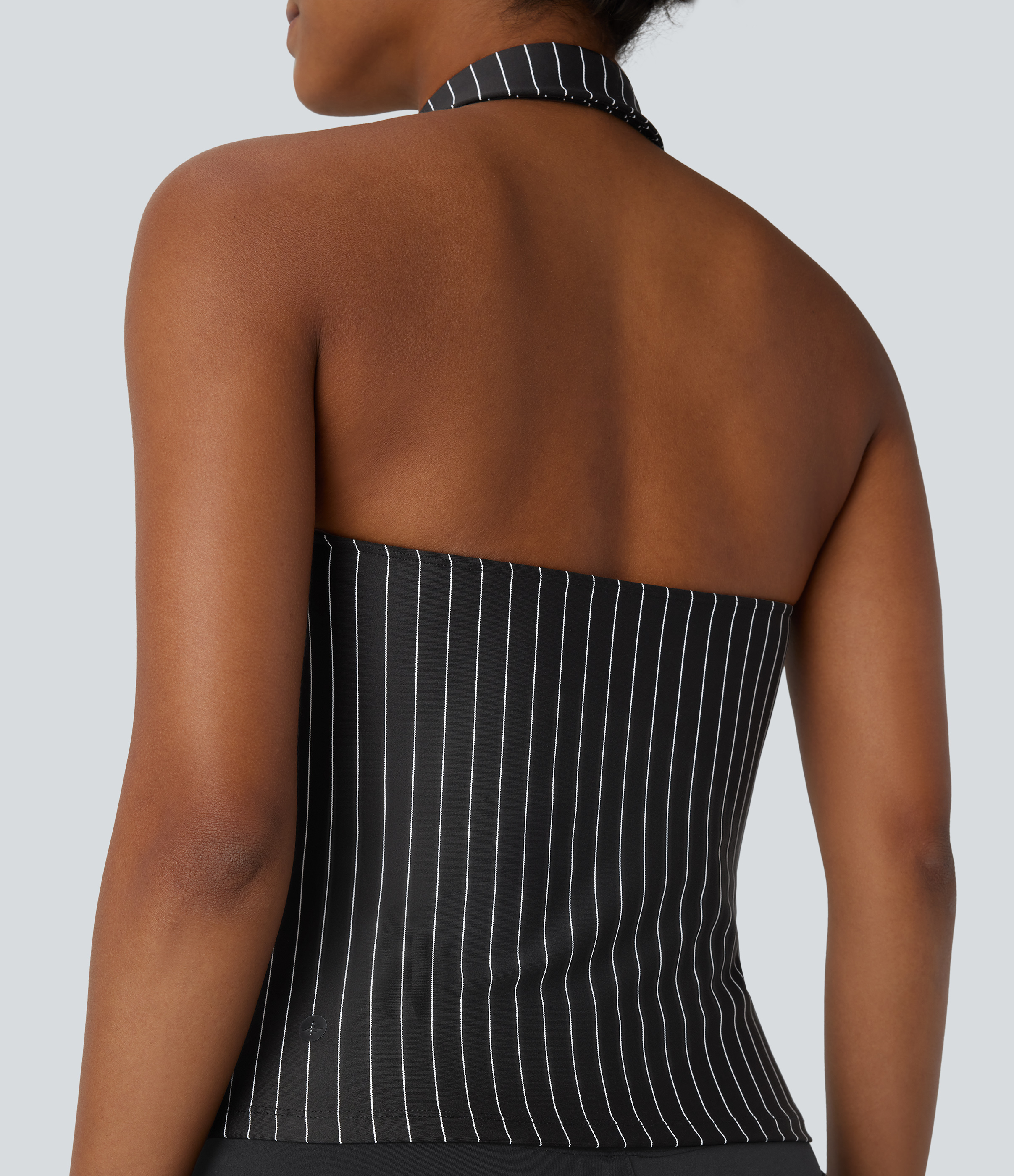 Halara Halter Backless Stripe Cool Touch Work Top Tank Top - Black White Oxford Pinstripe - S golf tops halter top tunic tops sleeveless tops 