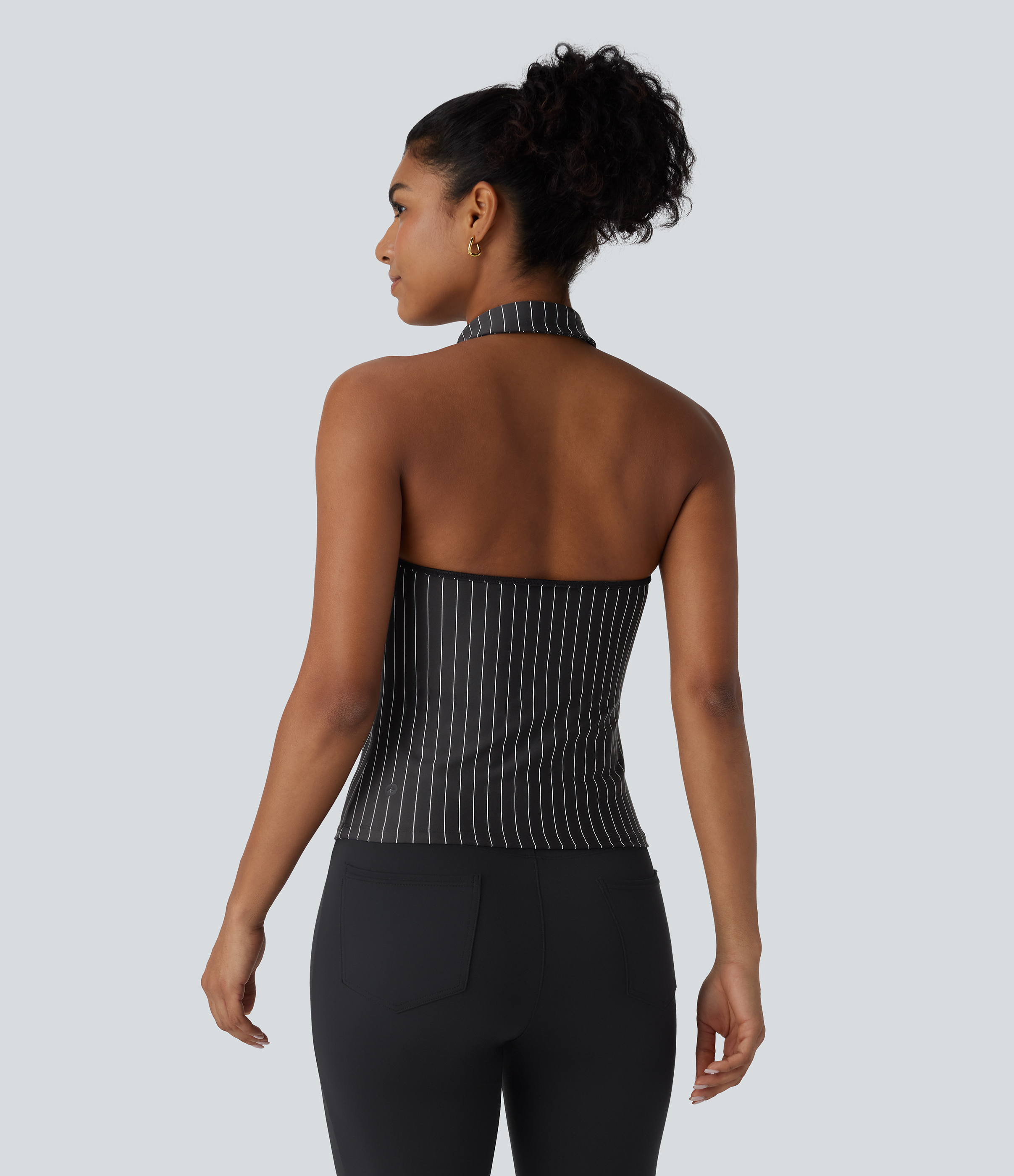 Halara Halter Backless Stripe Cool Touch Work Top Tank Top - Black White Oxford Pinstripe - S golf tops halter top tunic tops sleeveless tops 
