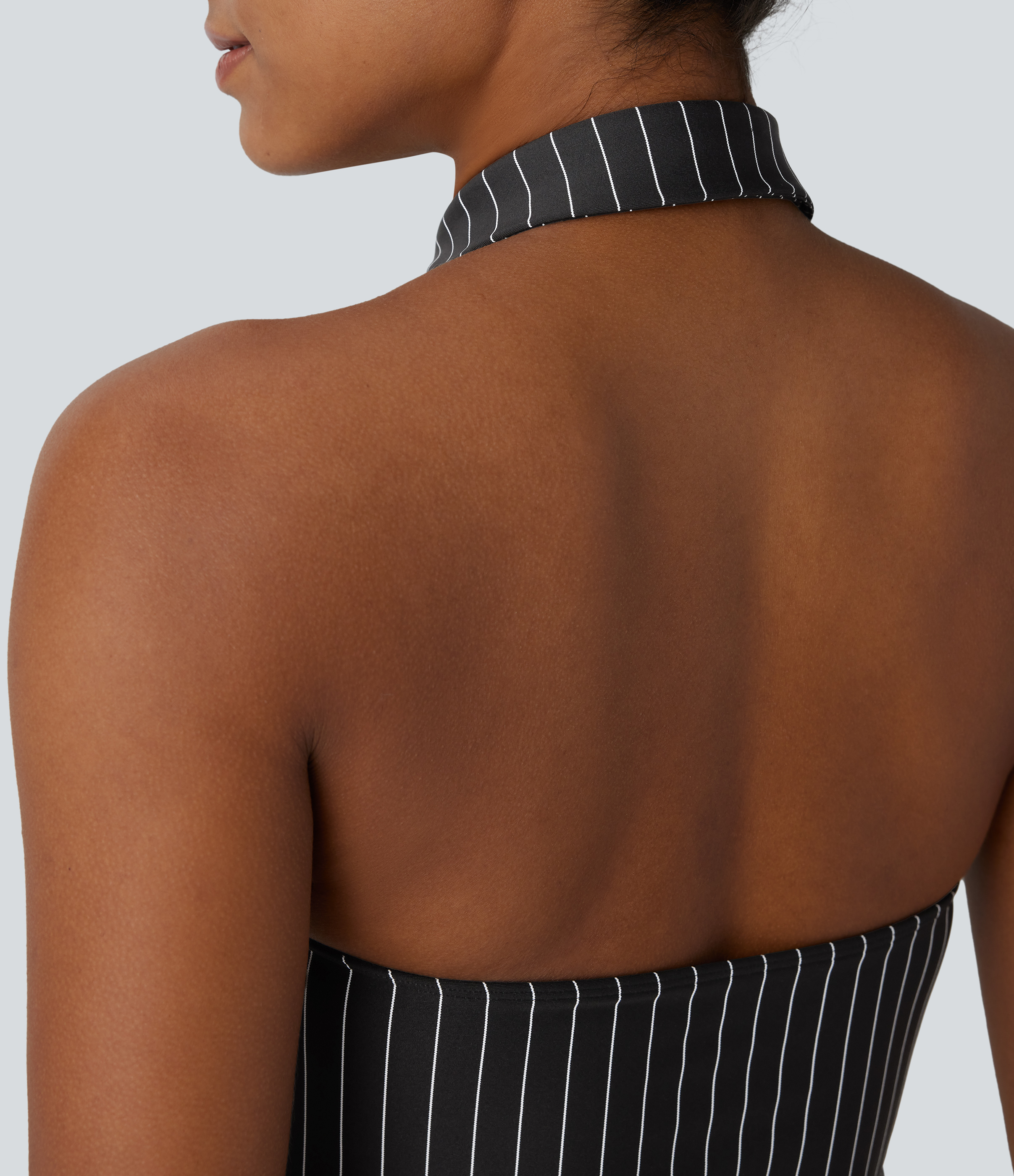 Halara Halter Backless Stripe Cool Touch Work Top Tank Top - Black White Oxford Pinstripe - S golf tops halter top tunic tops sleeveless tops 