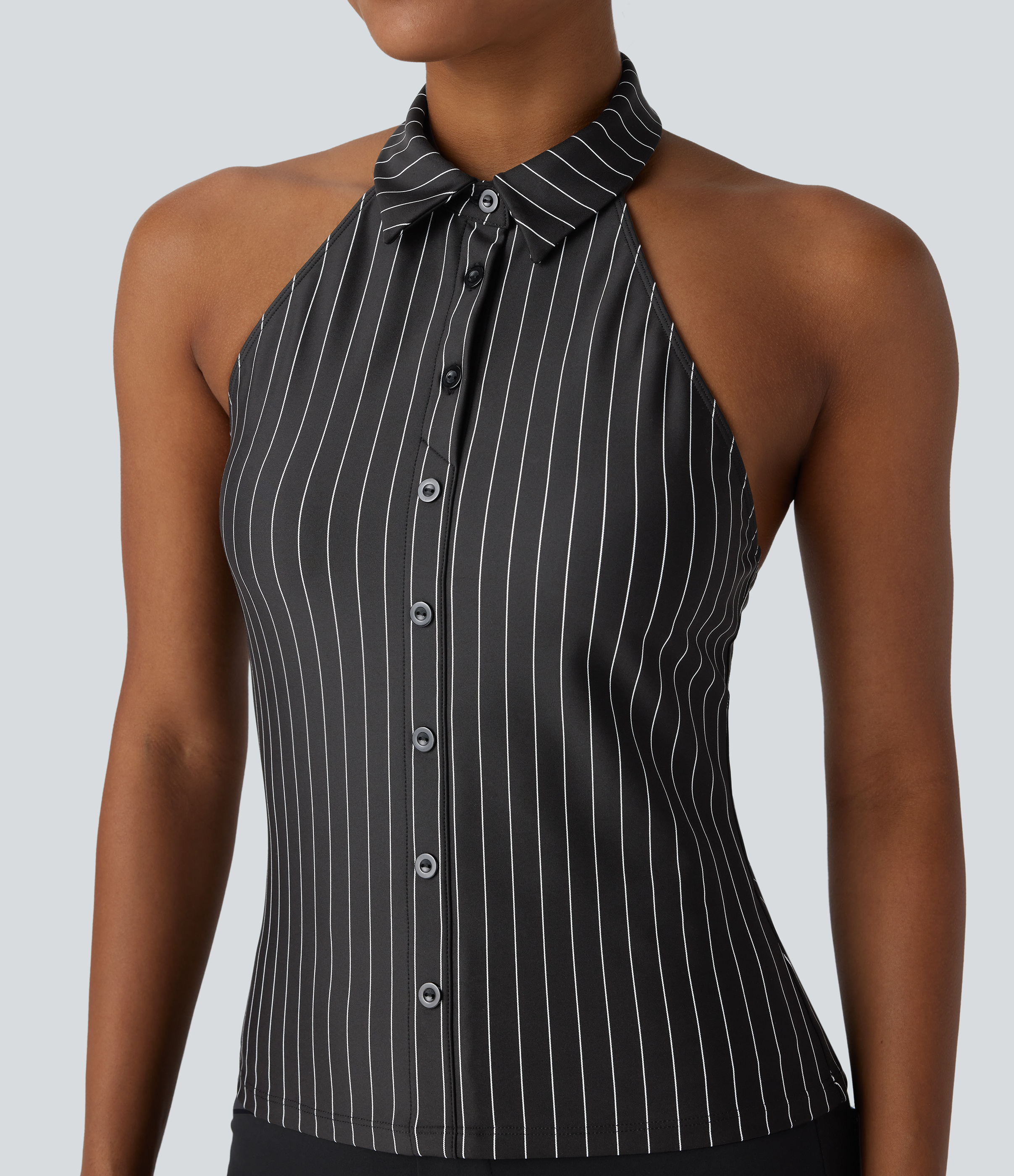 Halara Halter Backless Stripe Cool Touch Work Top Tank Top - Black White Oxford Pinstripe - S golf tops halter top tunic tops sleeveless tops 