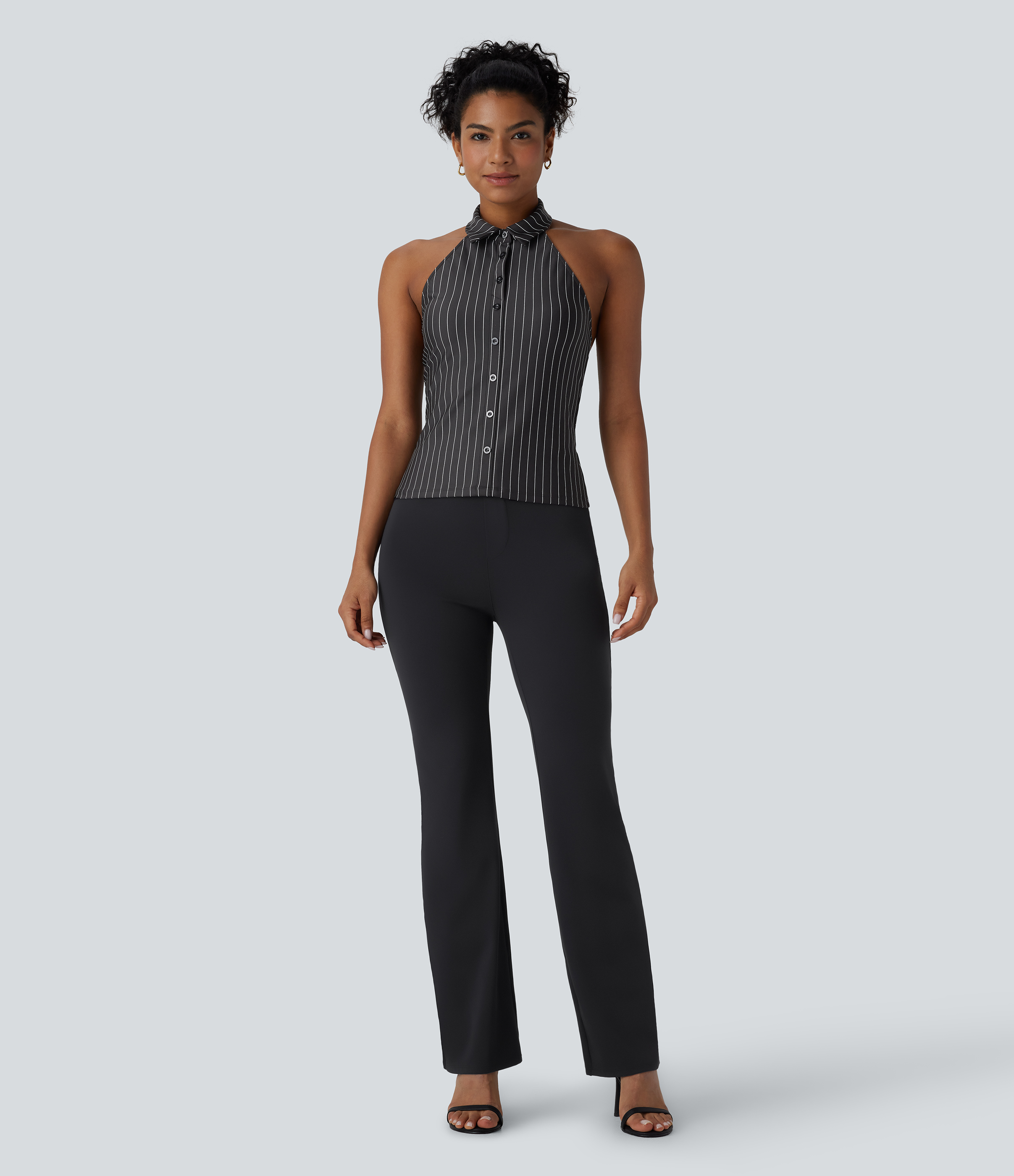 Halara Halter Backless Stripe Cool Touch Work Top Tank Top - Black White Oxford Pinstripe - S golf tops halter top tunic tops sleeveless tops 