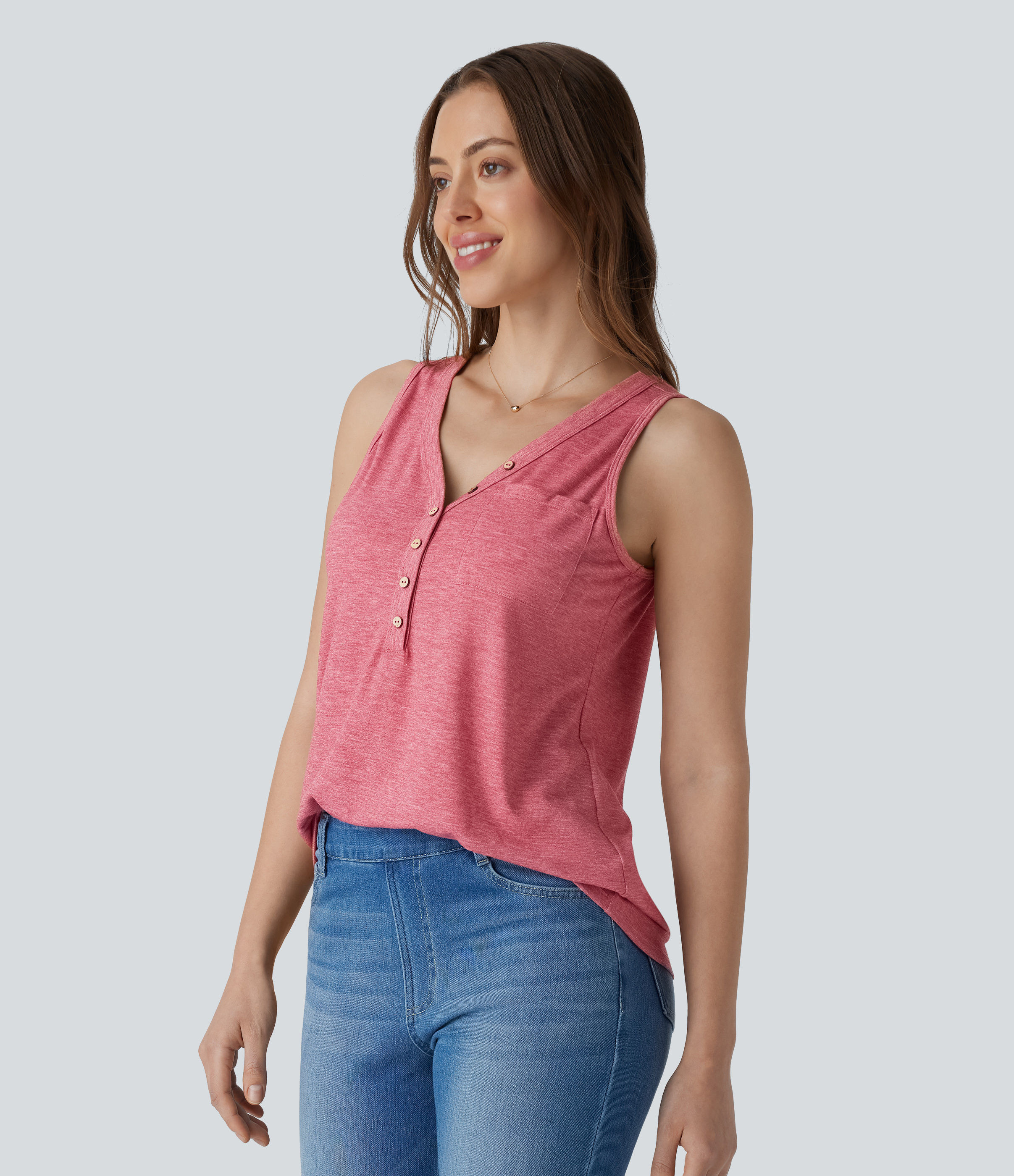 Halara V Neck Sleeveless Decorative Button Casual Top Tank Top - Brick Red Mix - XL golf tops halter top tunic tops sleeveless tops 