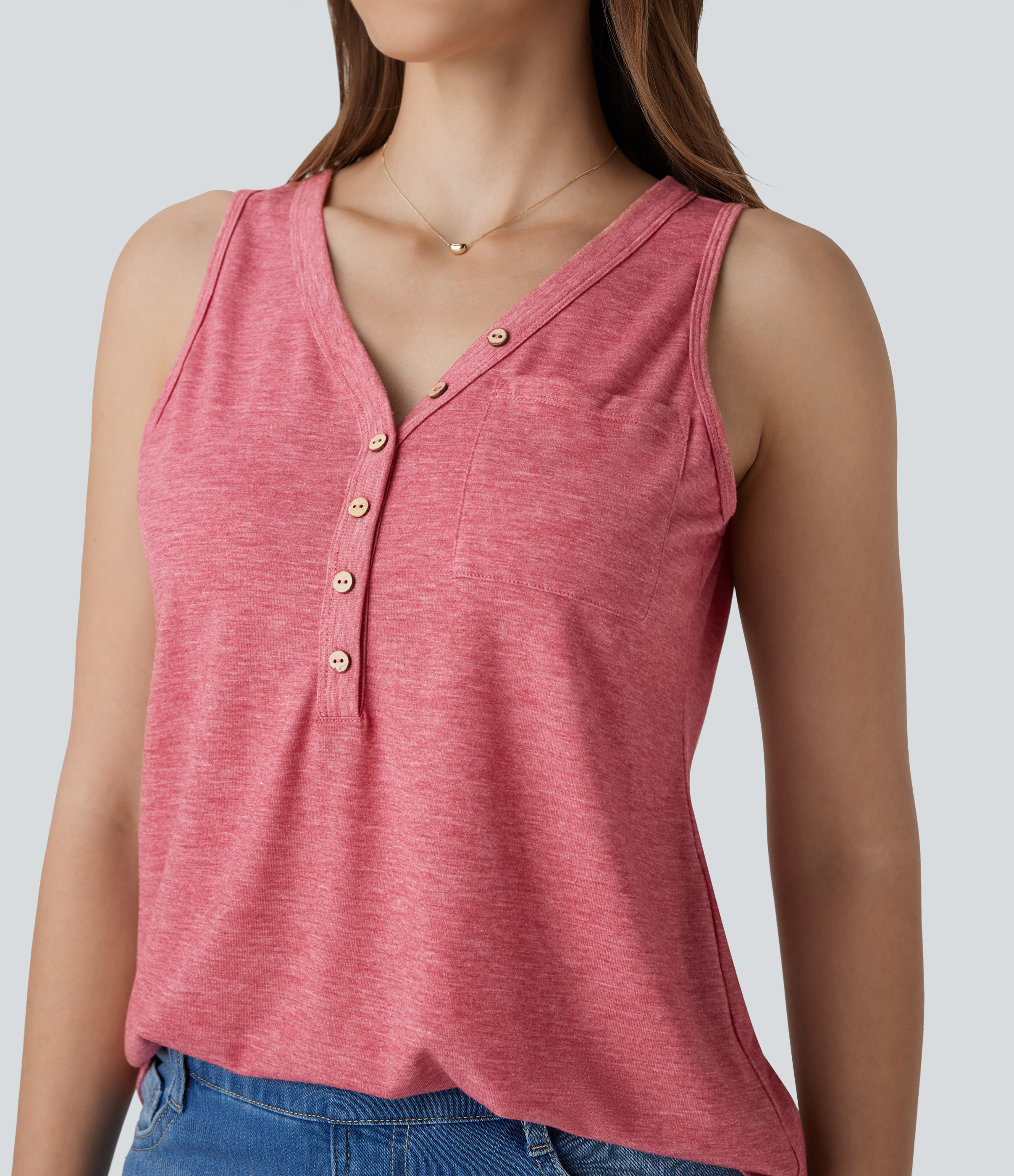 Halara V Neck Sleeveless Decorative Button Casual Top Tank Top - Brick Red Mix - XL golf tops halter top tunic tops sleeveless tops 
