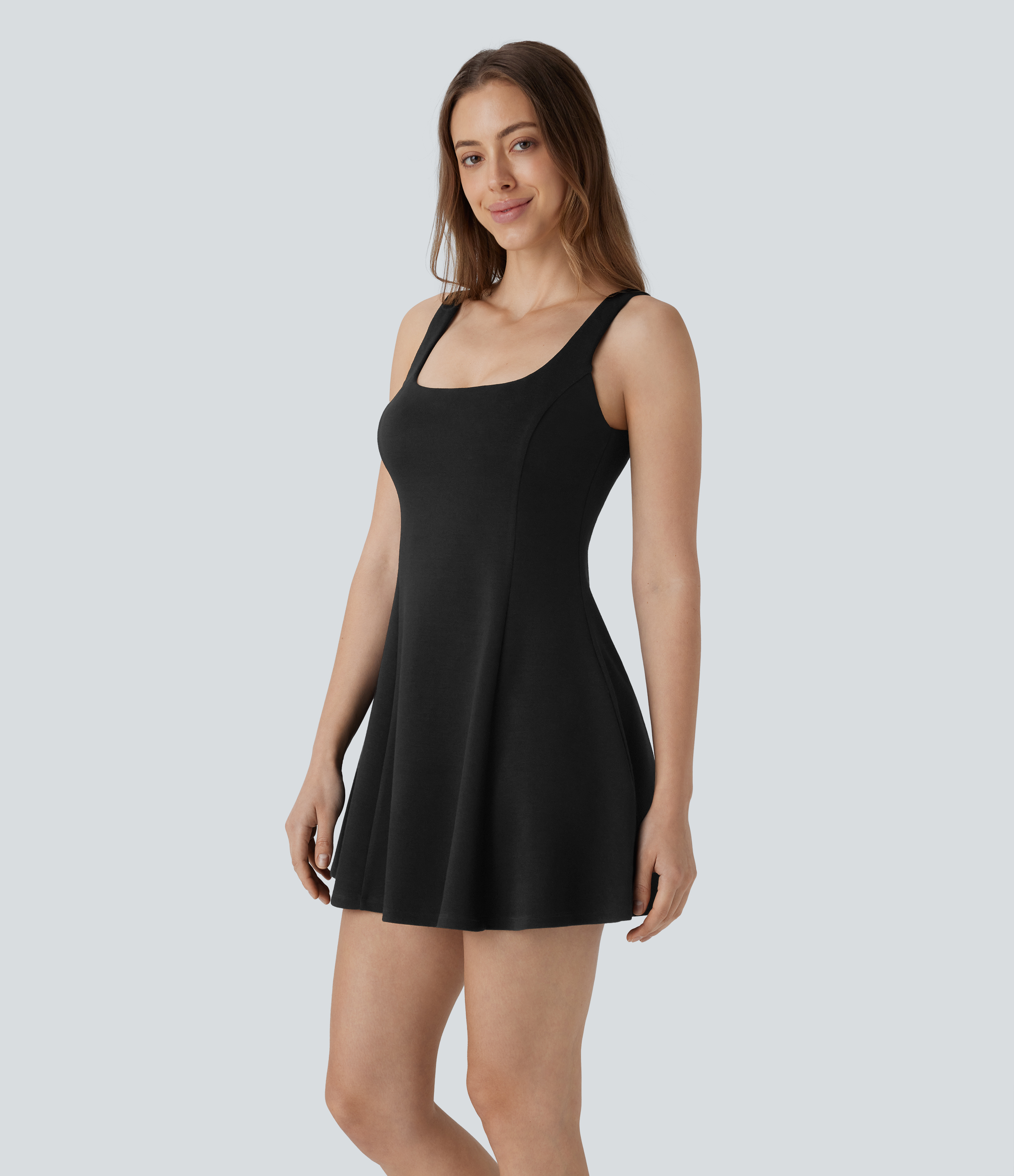 Halara Square Neck Sleeveless 2 Piece Side Pocket Mini Pickleball Active Skater Dress Workout Dress - Black - L 