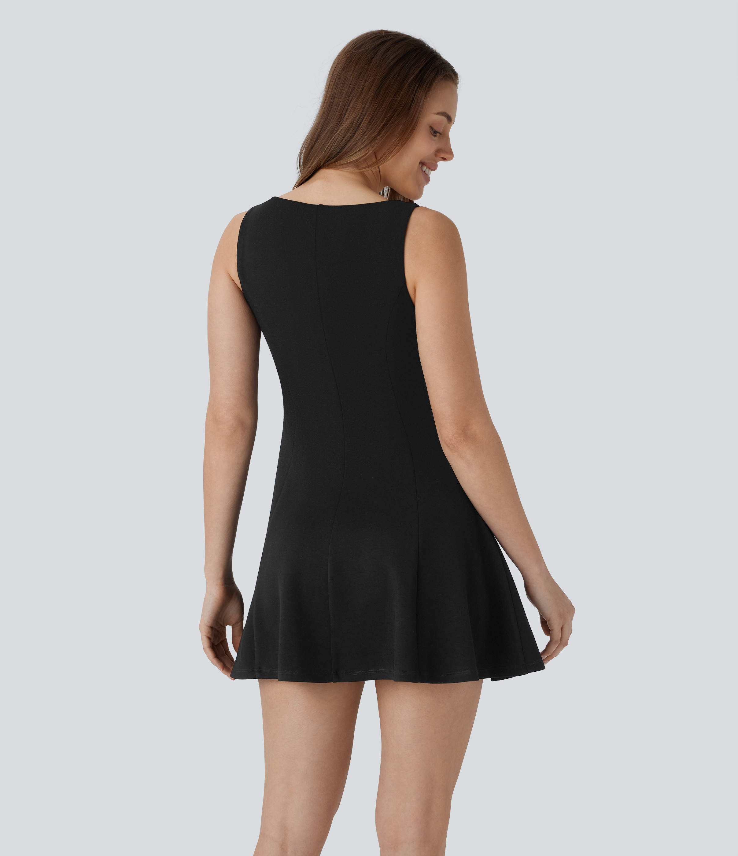 Halara Square Neck Sleeveless 2 Piece Side Pocket Mini Pickleball Active Skater Dress Workout Dress - Black - L 