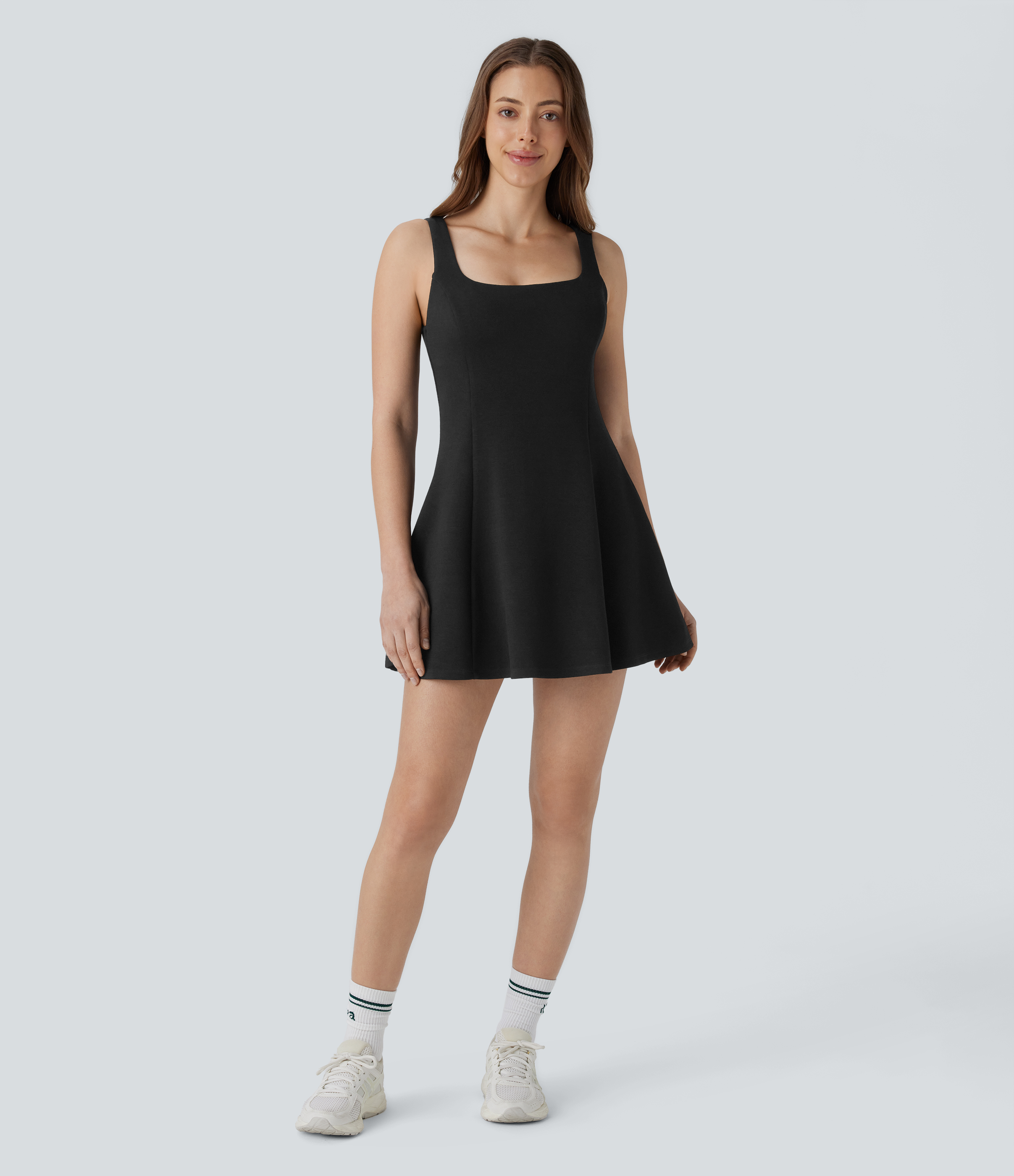 Halara Square Neck Sleeveless 2 Piece Side Pocket Mini Pickleball Active Skater Dress Workout Dress - Black - L 