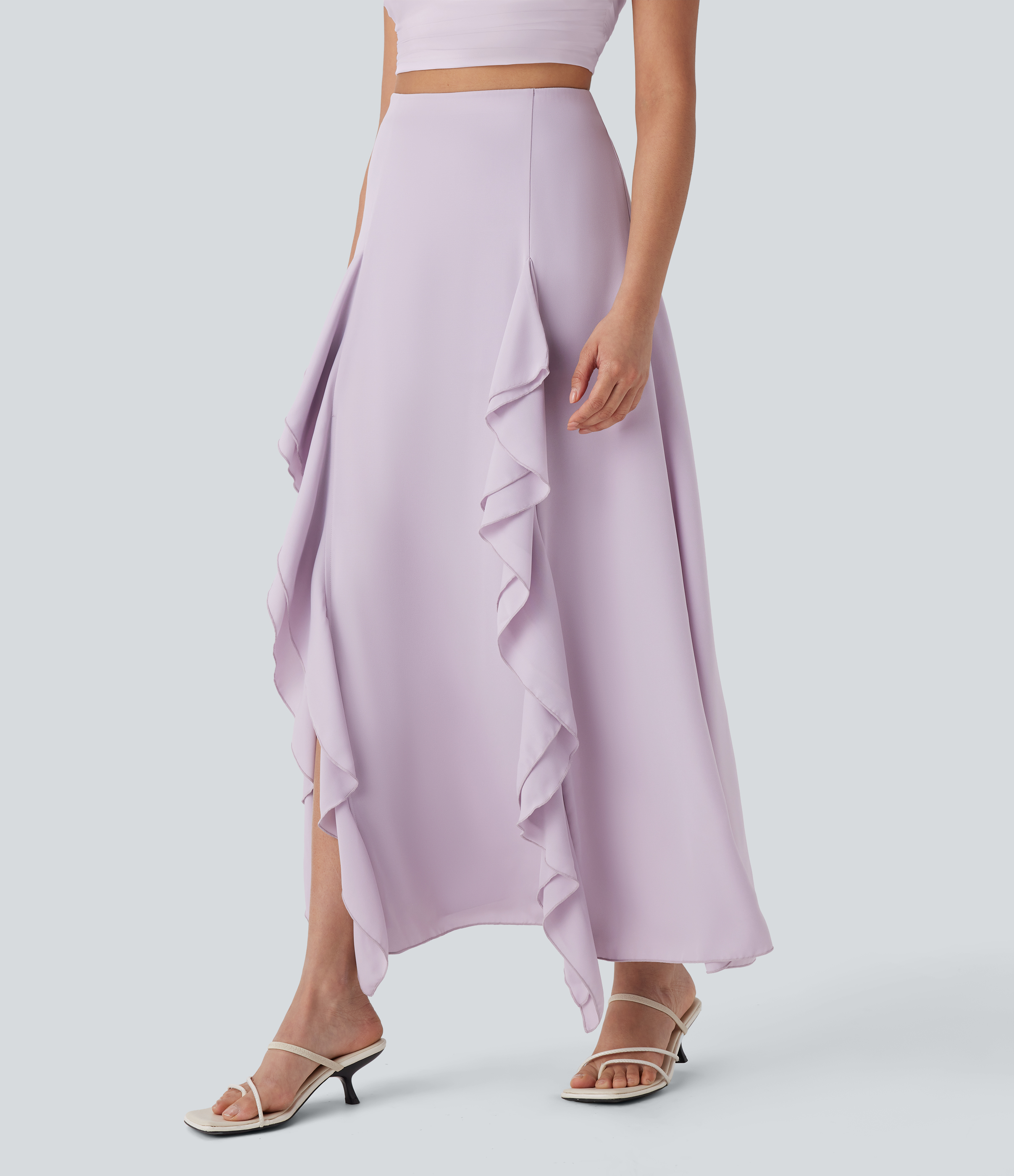 Halara High Waisted Invisible Zipper Split Ruffle 2-in-1 Maxi Casual Skirt  - Lilac Marble - XS(regular) 