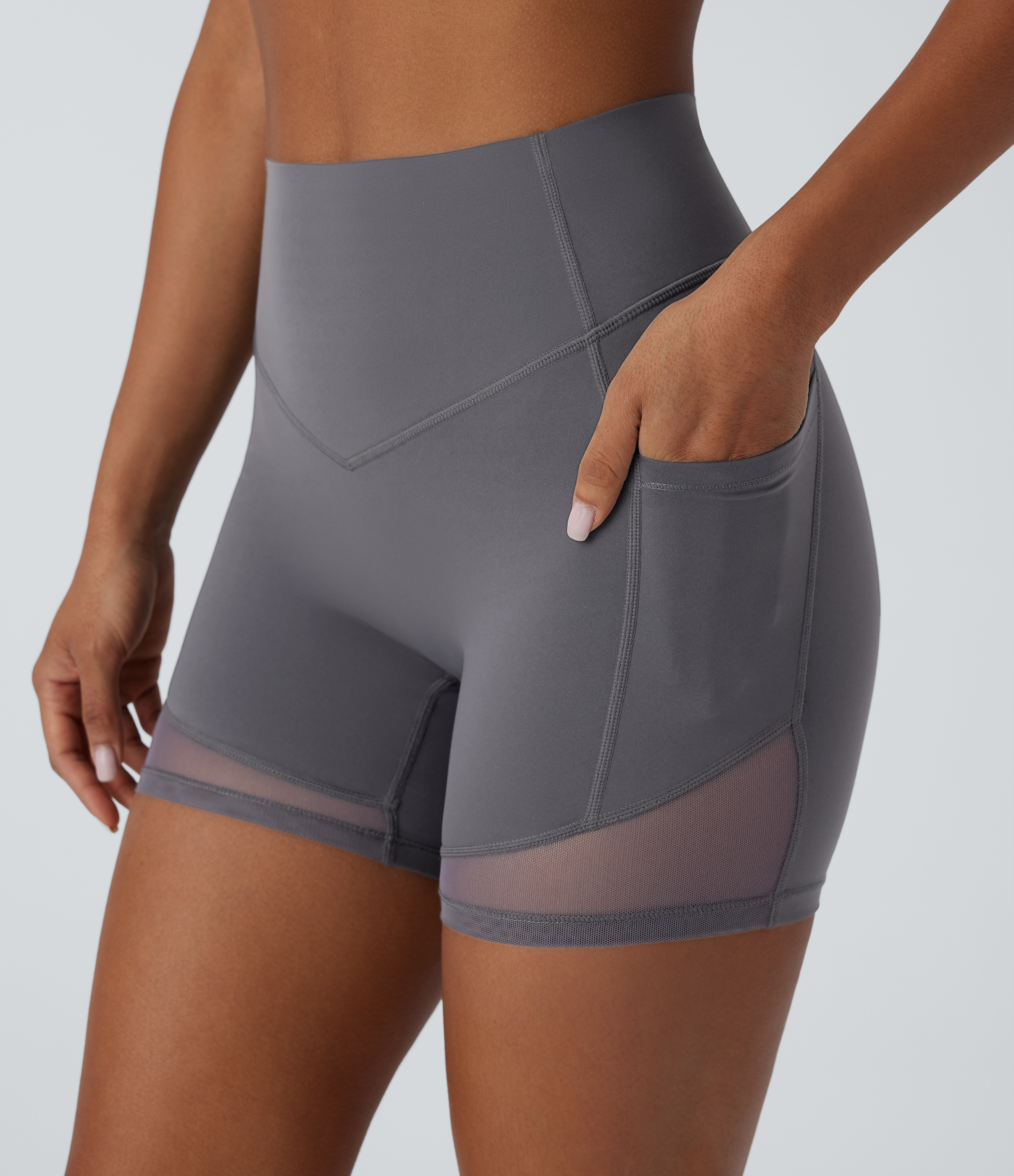 Halara Halara UltraSculptв„ў SoCinched High Waisted Tummy Control Butt Lifting Side Pocket Contrast Mesh Shaping Workout Biker Shorts 5``  - Volcanic Ash - S 