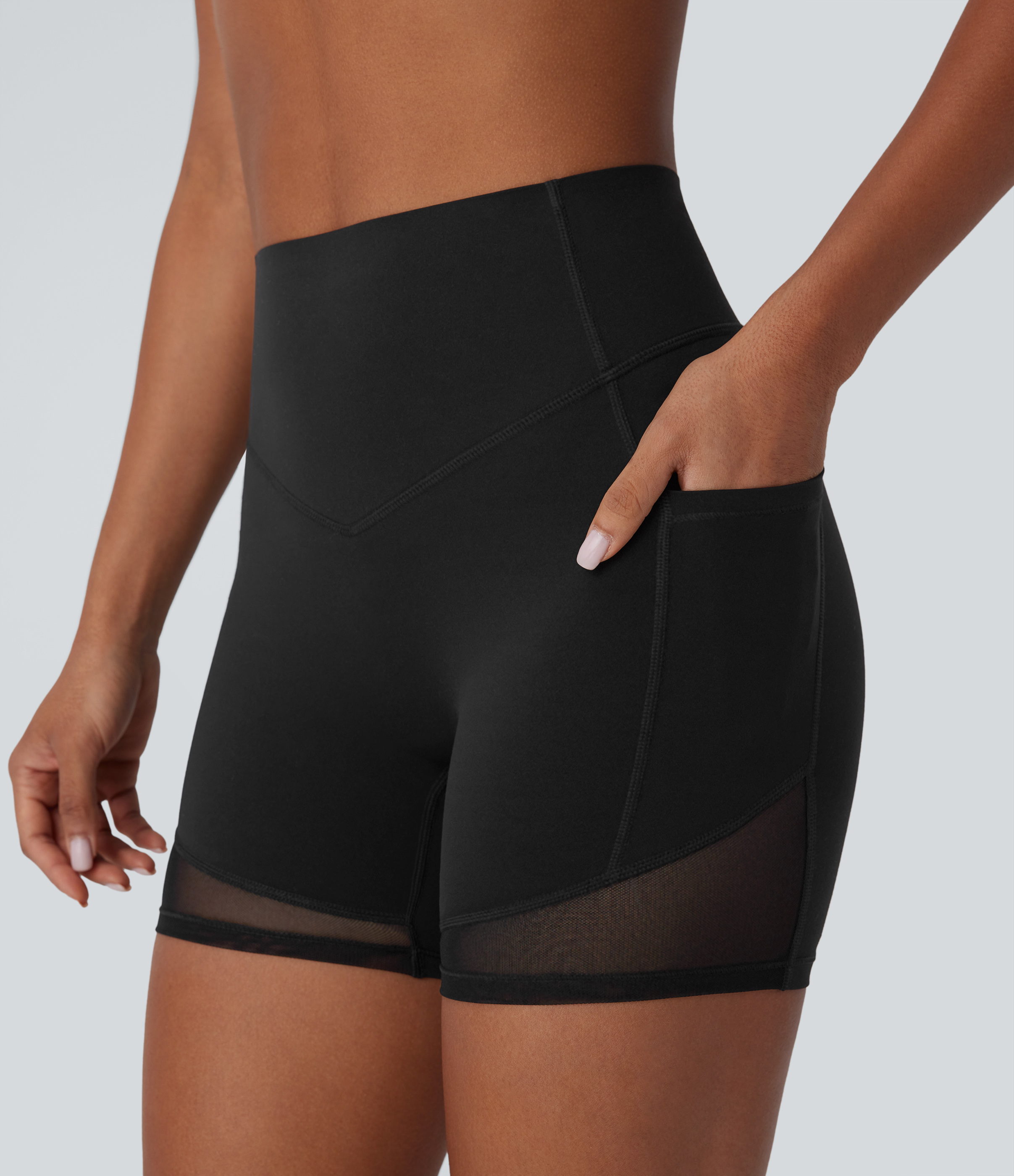 Halara Halara UltraSculptв„ў SoCinched High Waisted Tummy Control Butt Lifting Side Pocket Contrast Mesh Shaping Workout Biker Shorts 5``  - Black - S 