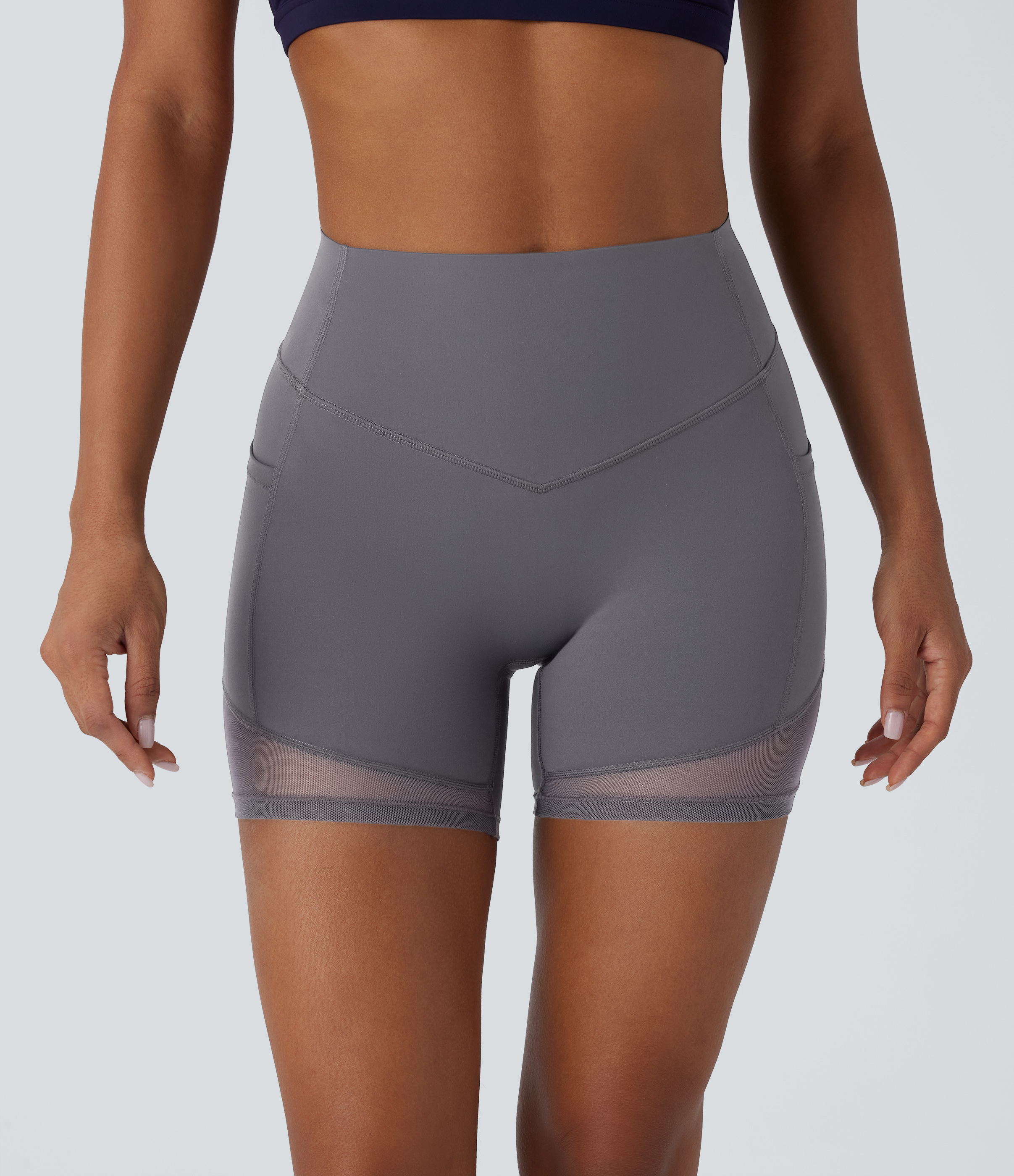 Halara Halara UltraSculptв„ў SoCinched High Waisted Tummy Control Butt Lifting Side Pocket Contrast Mesh Shaping Workout Biker Shorts 5``  - Volcanic Ash - S 