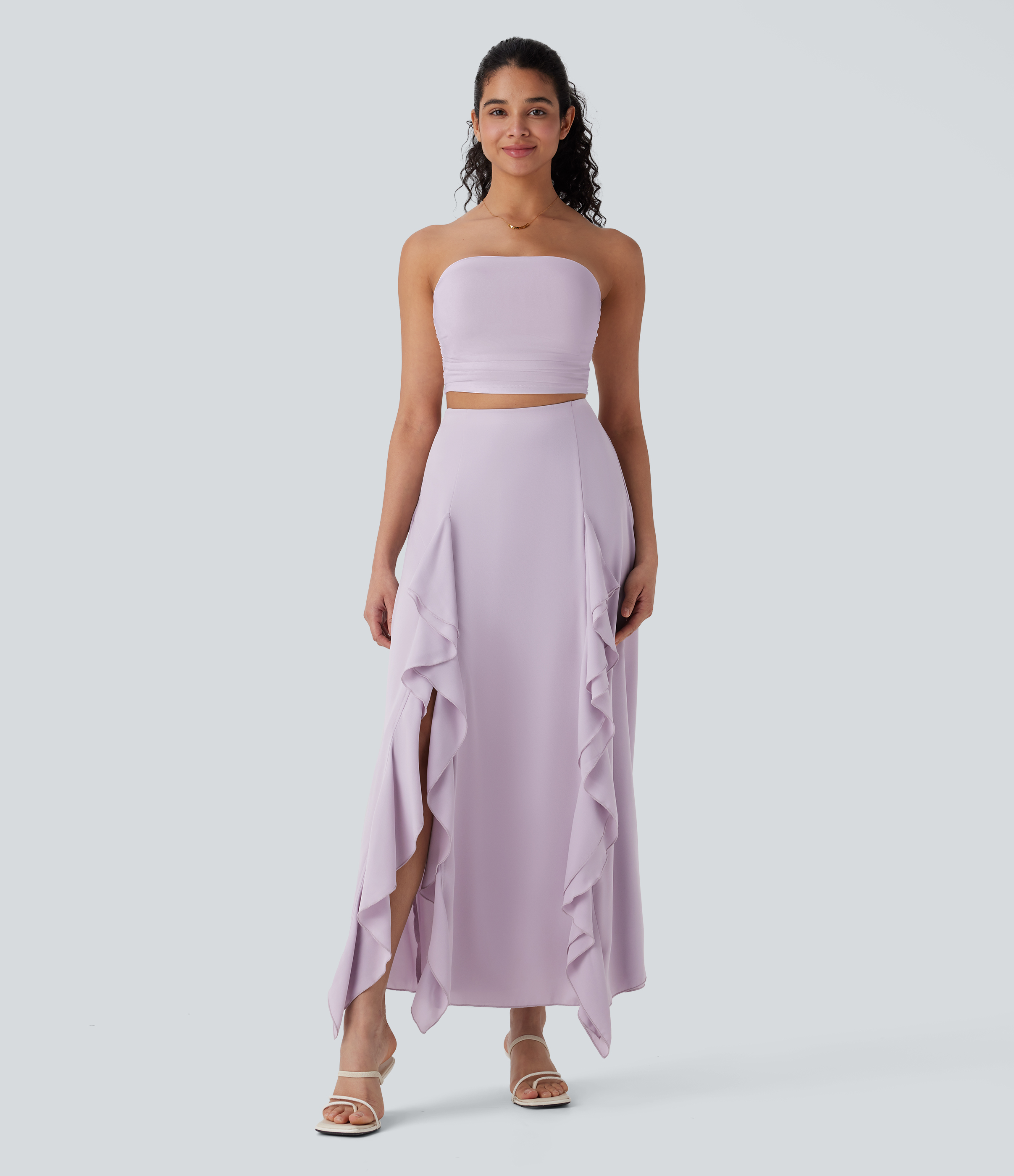 Halara High Waisted Invisible Zipper Split Ruffle 2-in-1 Maxi Casual Skirt  - Lilac Marble - XS(regular) 