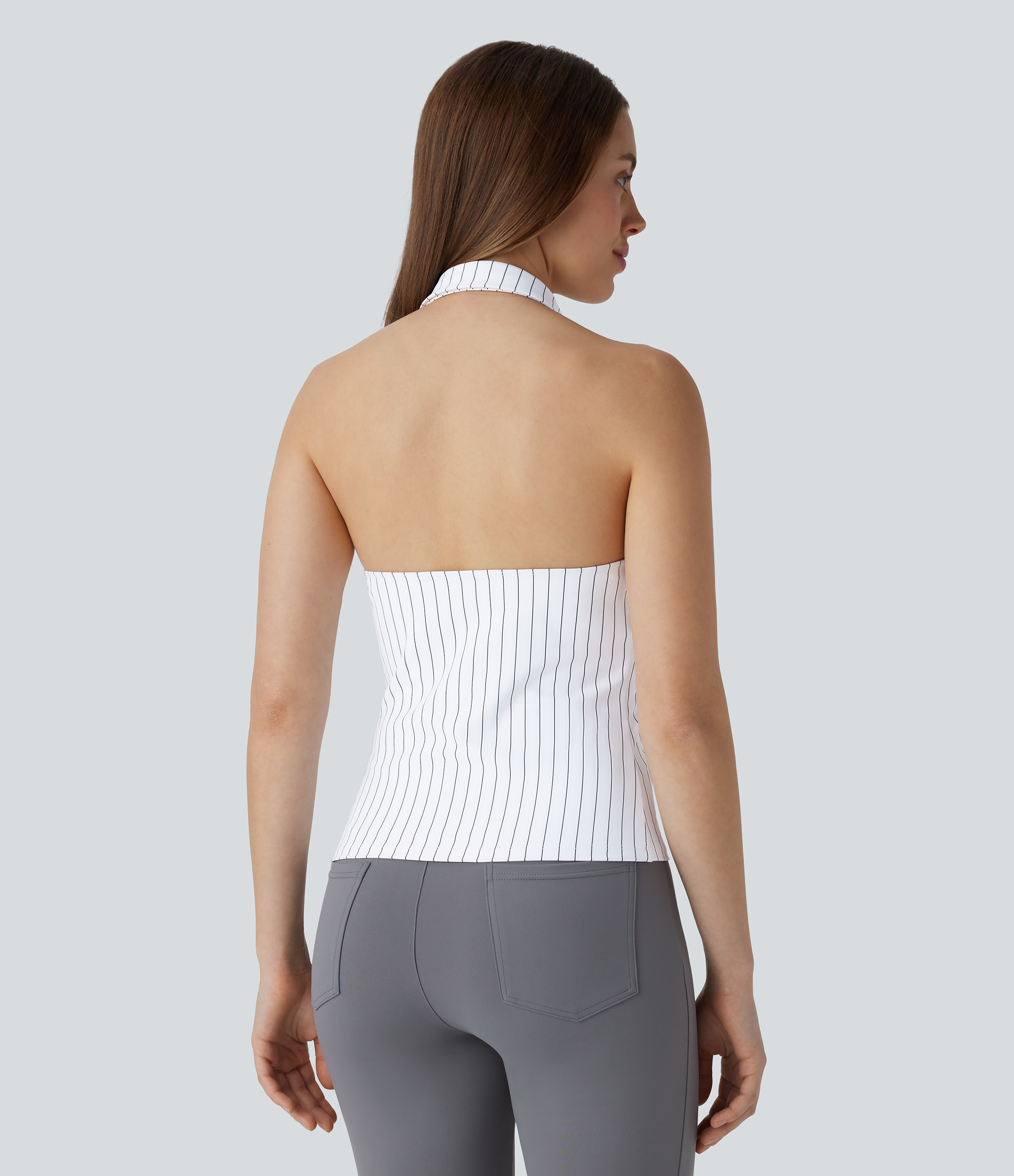 Halara Halter Backless Stripe Cool Touch Work Top Tank Top - White Black Pinstripe - M golf tops halter top tunic tops sleeveless tops 