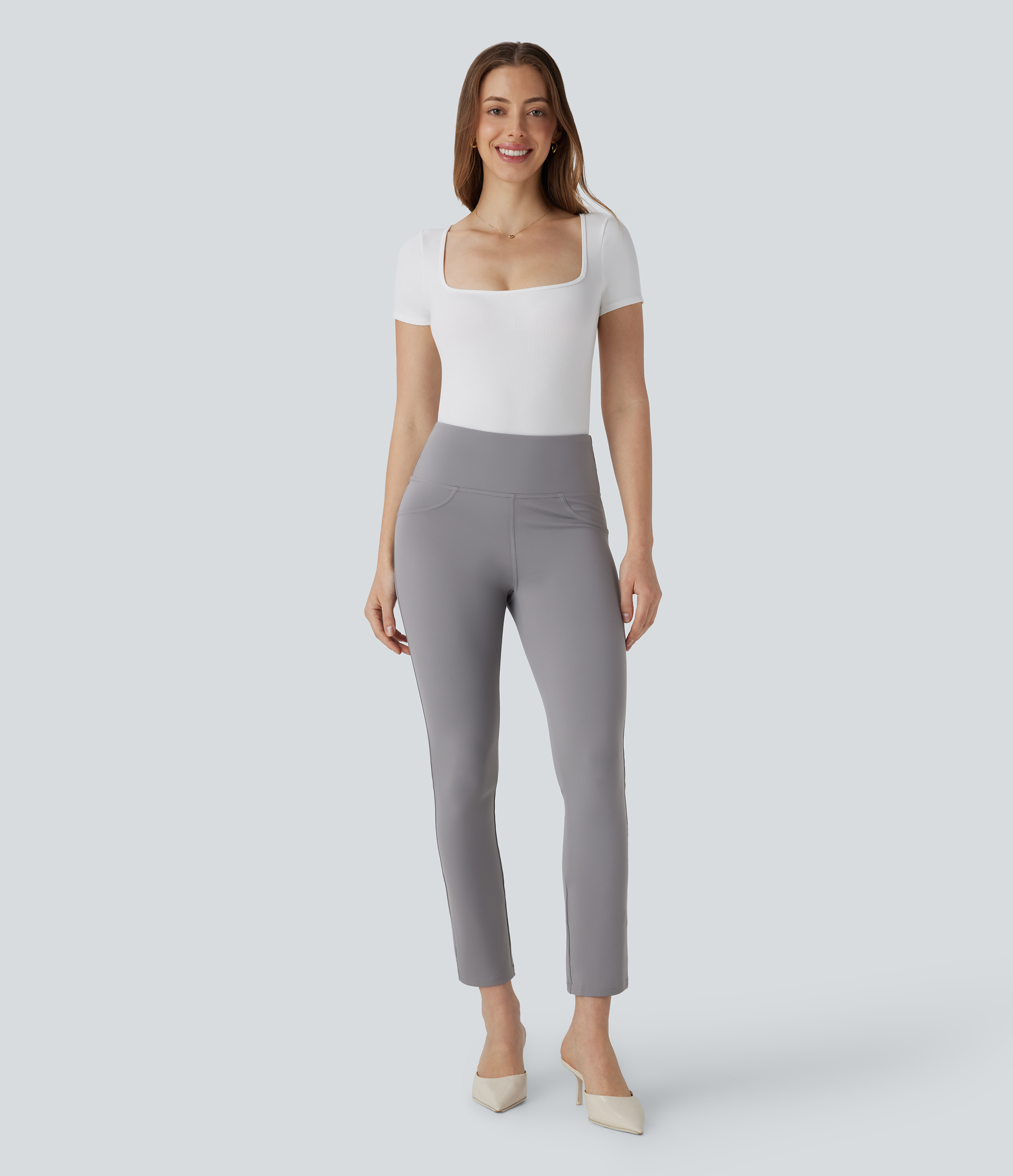 Halara  High Waisted Back Pocket Tapered Work Cropped Pants  - Silent Storm - L(regular) 