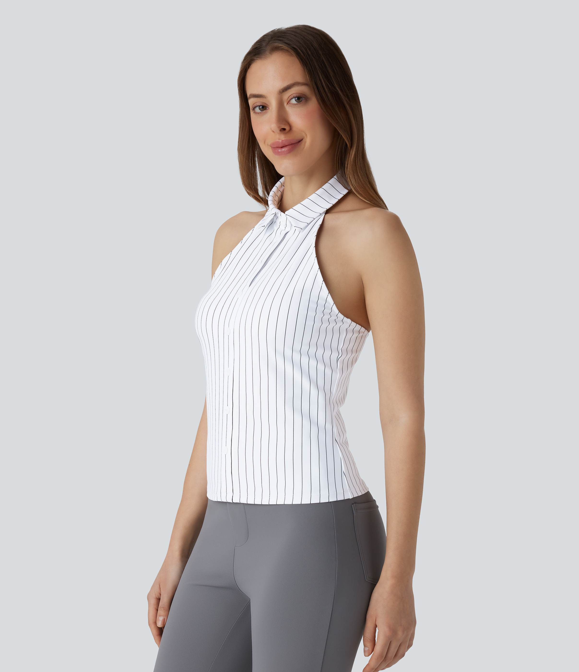 Halara Halter Backless Stripe Cool Touch Work Top Tank Top - White Black Pinstripe - M golf tops halter top tunic tops sleeveless tops 