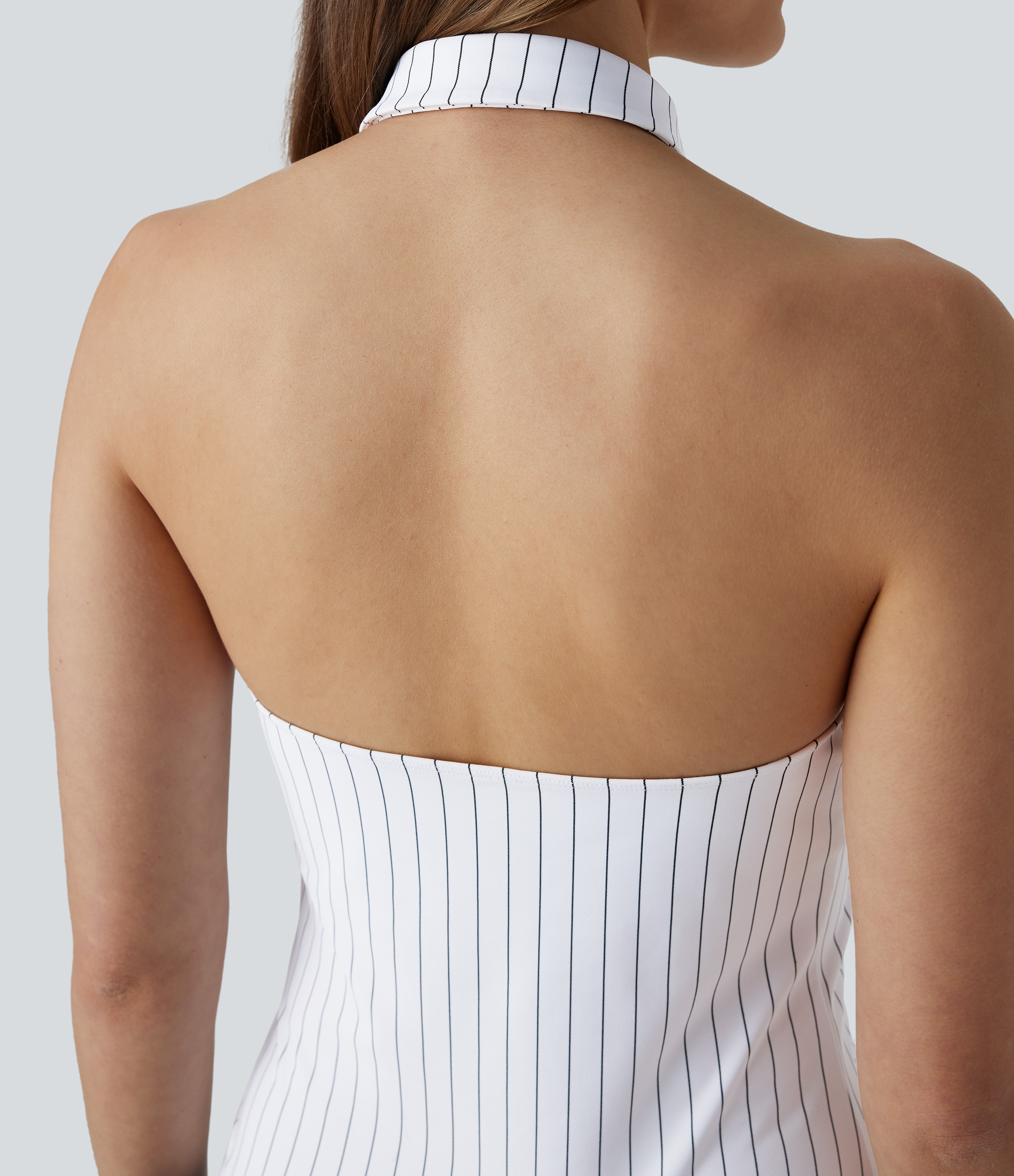 Halara Halter Backless Stripe Cool Touch Work Top Tank Top - White Black Pinstripe - M golf tops halter top tunic tops sleeveless tops 
