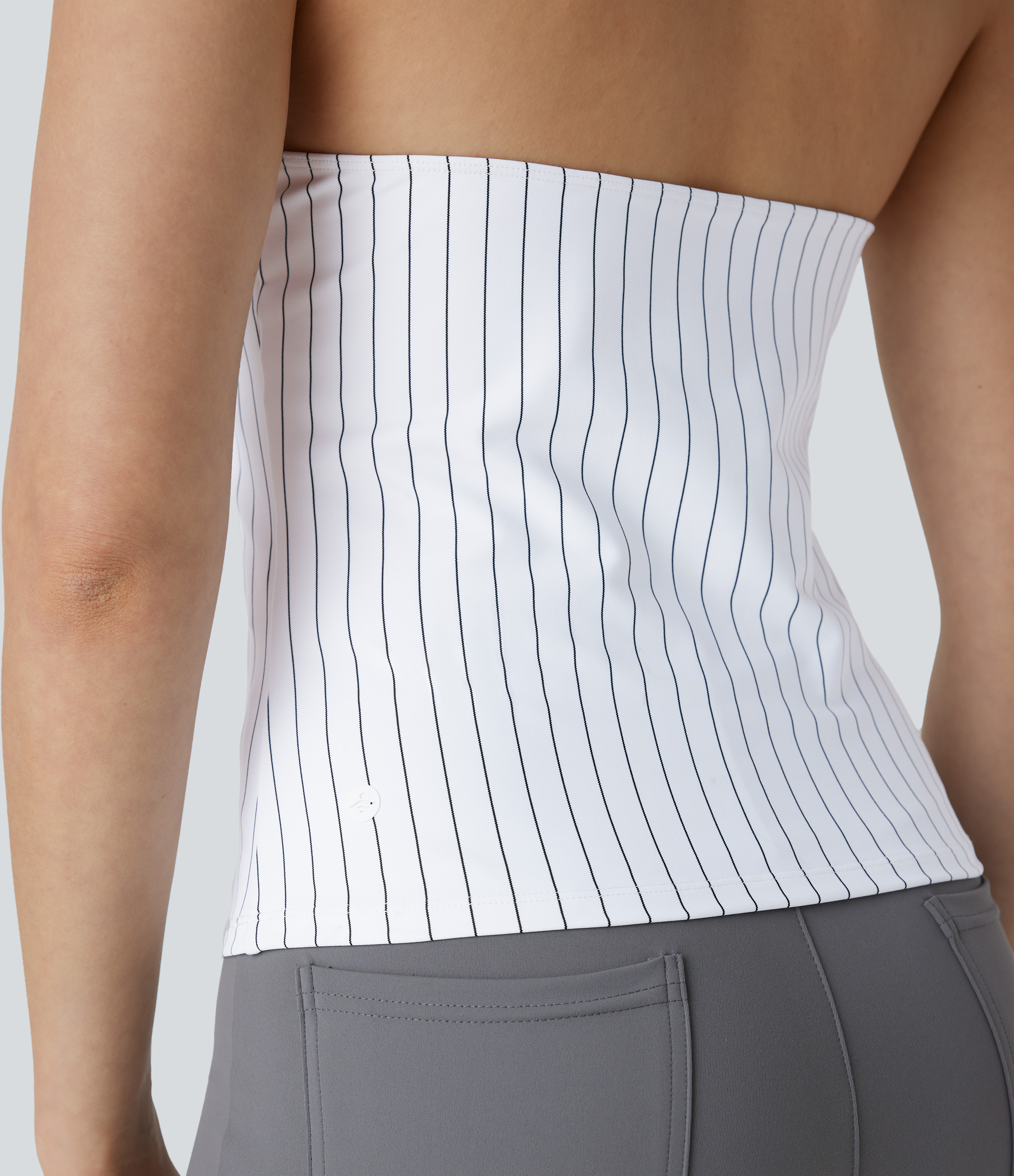 Halara Halter Backless Stripe Cool Touch Work Top Tank Top - White Black Pinstripe - M golf tops halter top tunic tops sleeveless tops 