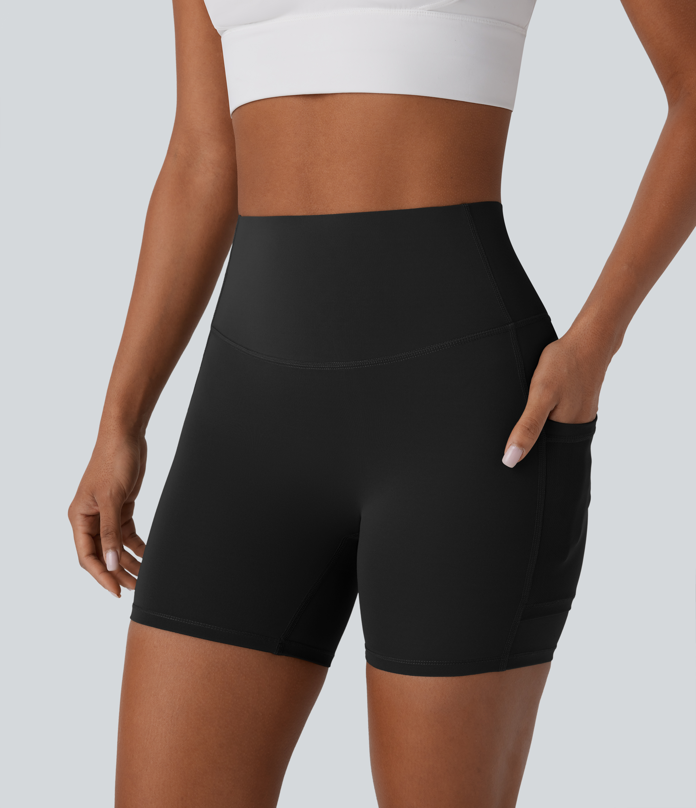 Halara SpeedWaveв„ў SoCinched High Waisted Tummy Control Butt Lifting Side Pocket Contrast Mesh Quick Dry Workout Biker Shorts 5``  - Black - S 