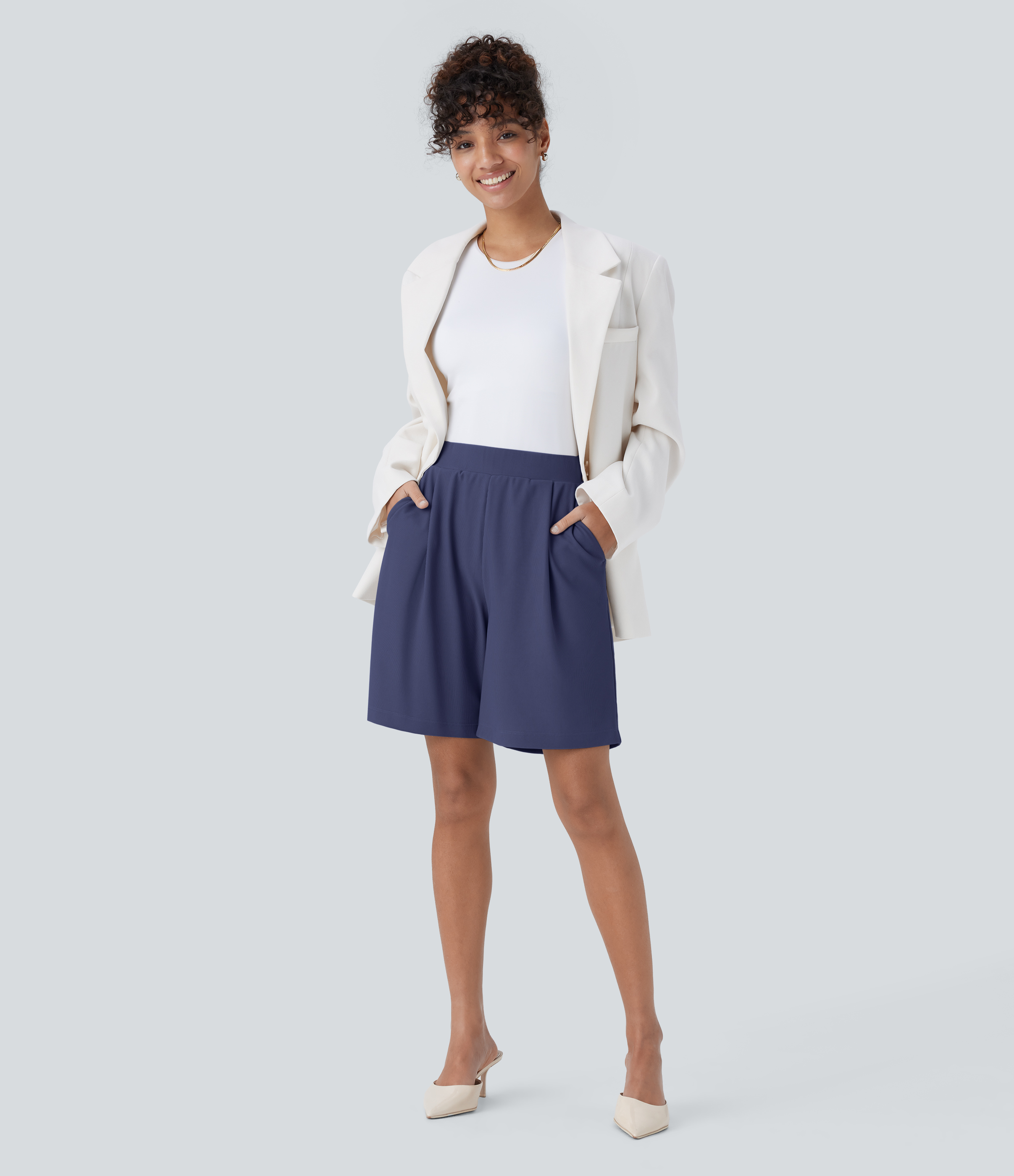 Halara High Waisted Body Sculpt Waist-Slimming Side Pocket Micro Waffle Work Shorts  - Mood Indigo - XS booty shorts compression shorts 