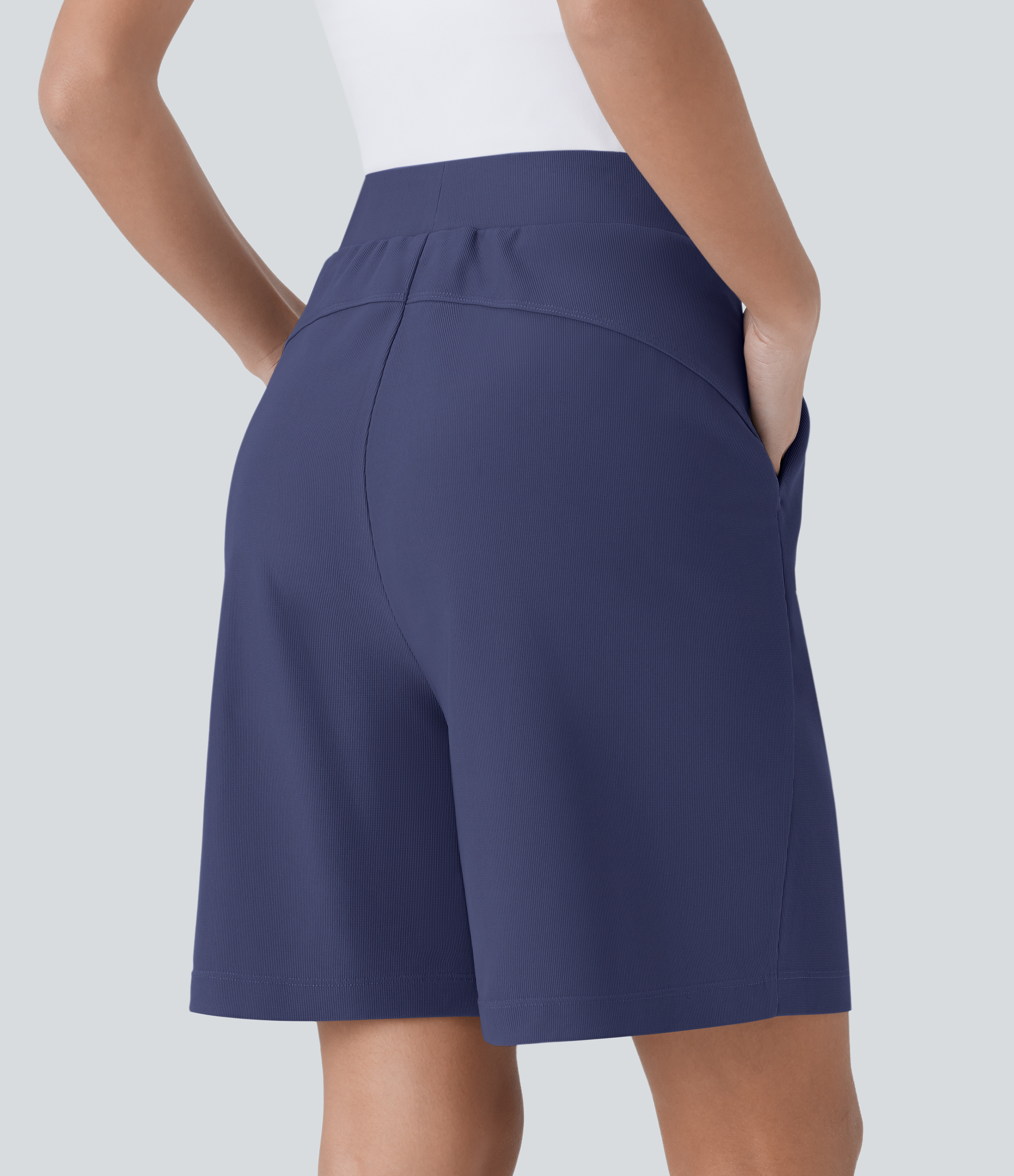 Halara High Waisted Body Sculpt Waist-Slimming Side Pocket Micro Waffle Work Shorts  - Mood Indigo - XS booty shorts compression shorts 