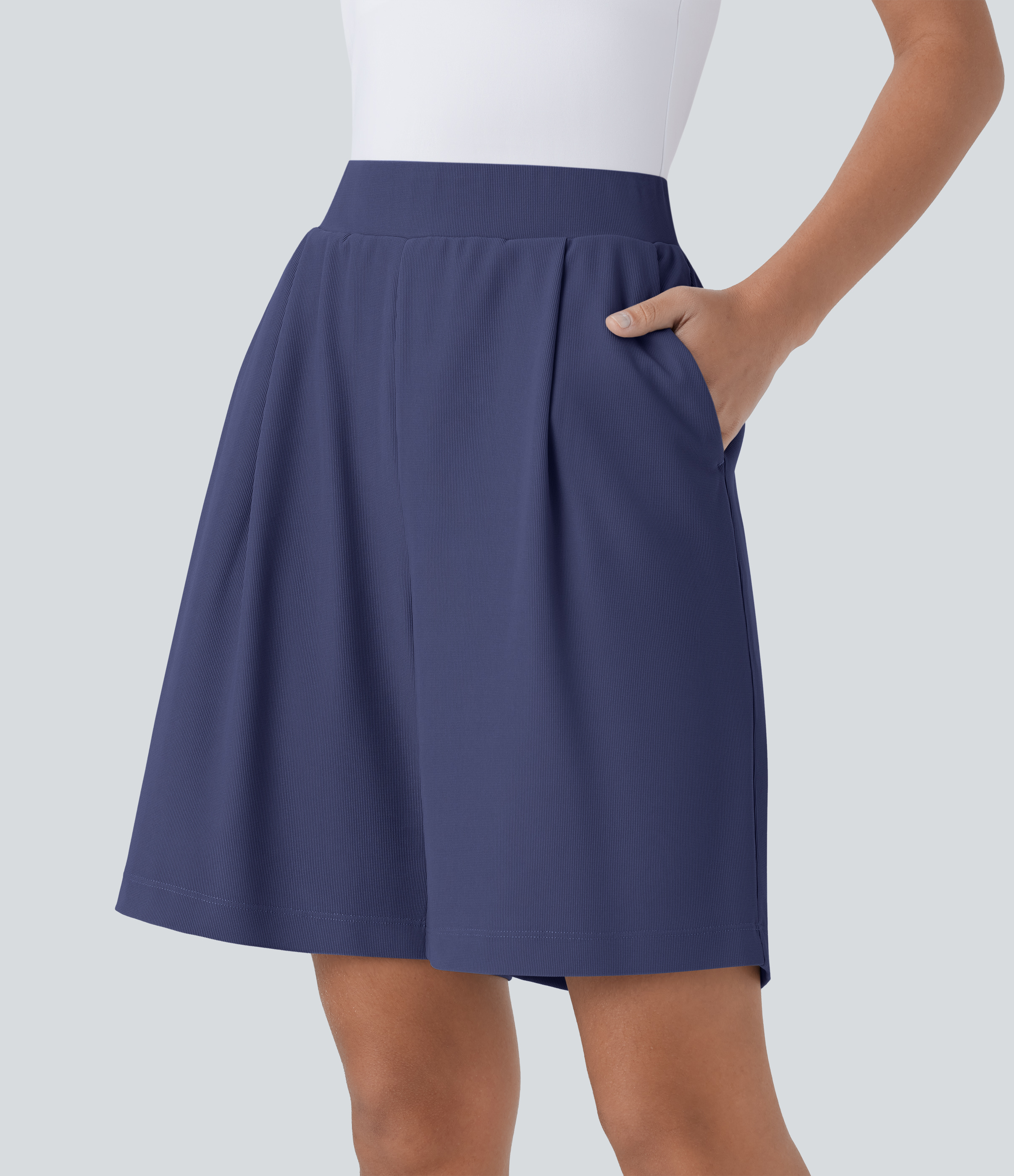 Halara High Waisted Body Sculpt Waist-Slimming Side Pocket Micro Waffle Work Shorts  - Mood Indigo - XS booty shorts compression shorts 