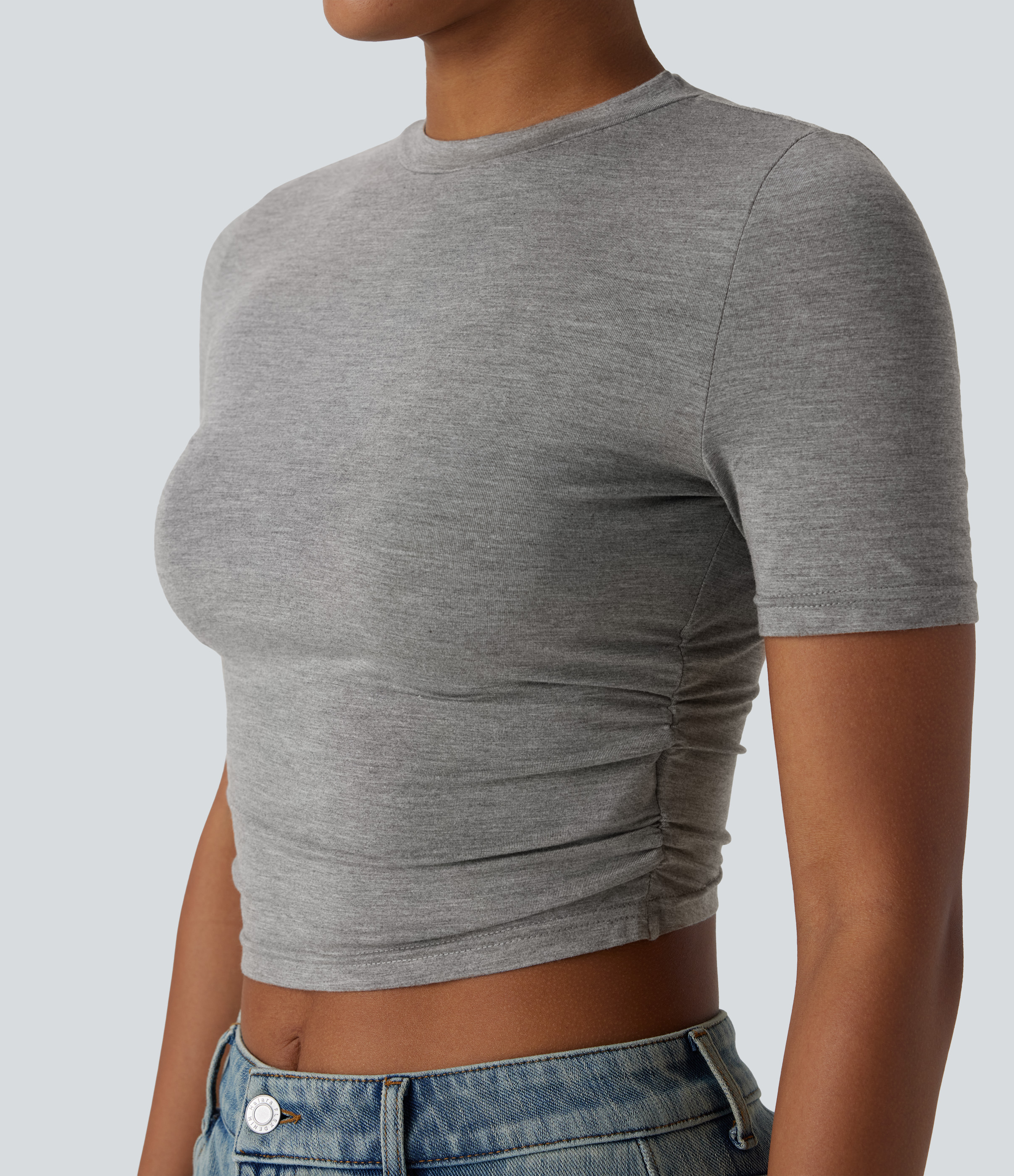 Halara Round Neck Short Sleeve Ruched Skinny Cropped Casual T-Shirt  - Fog Gray - L 