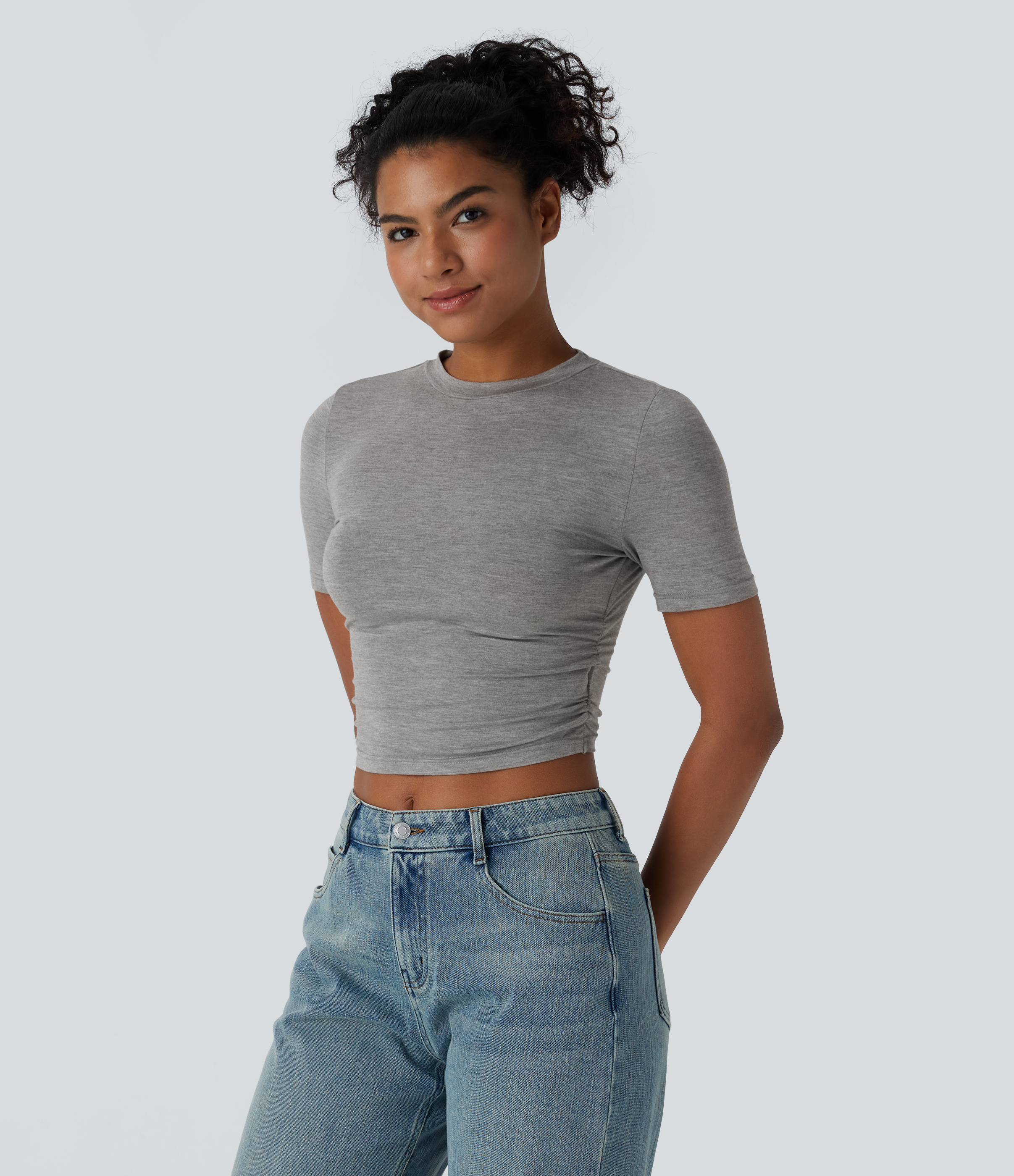Halara Round Neck Short Sleeve Ruched Skinny Cropped Casual T-Shirt  - Fog Gray - L 