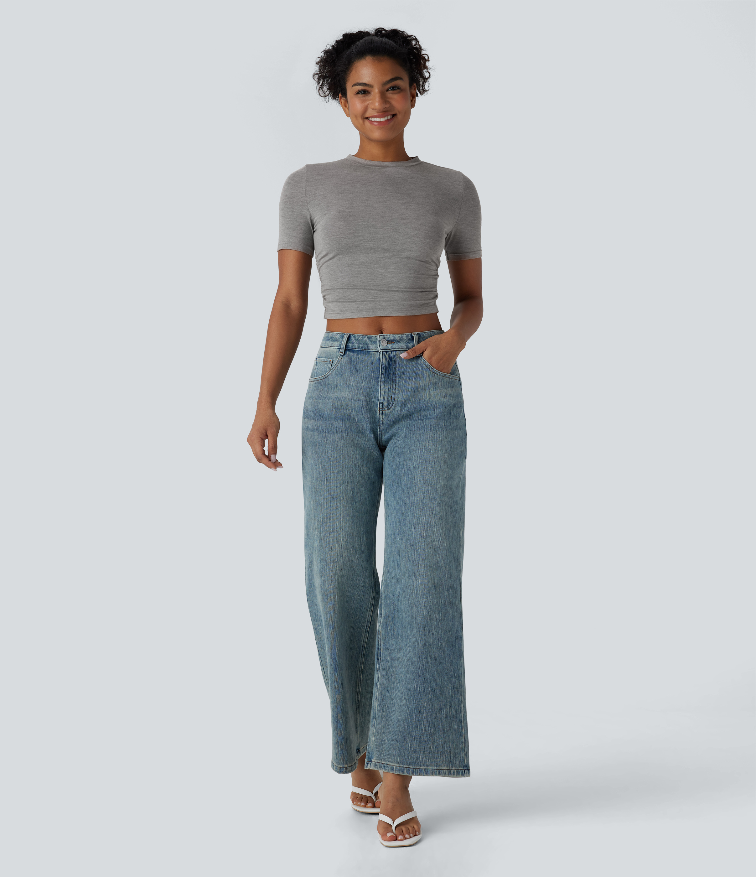 Halara Round Neck Short Sleeve Ruched Skinny Cropped Casual T-Shirt  - Fog Gray - L 