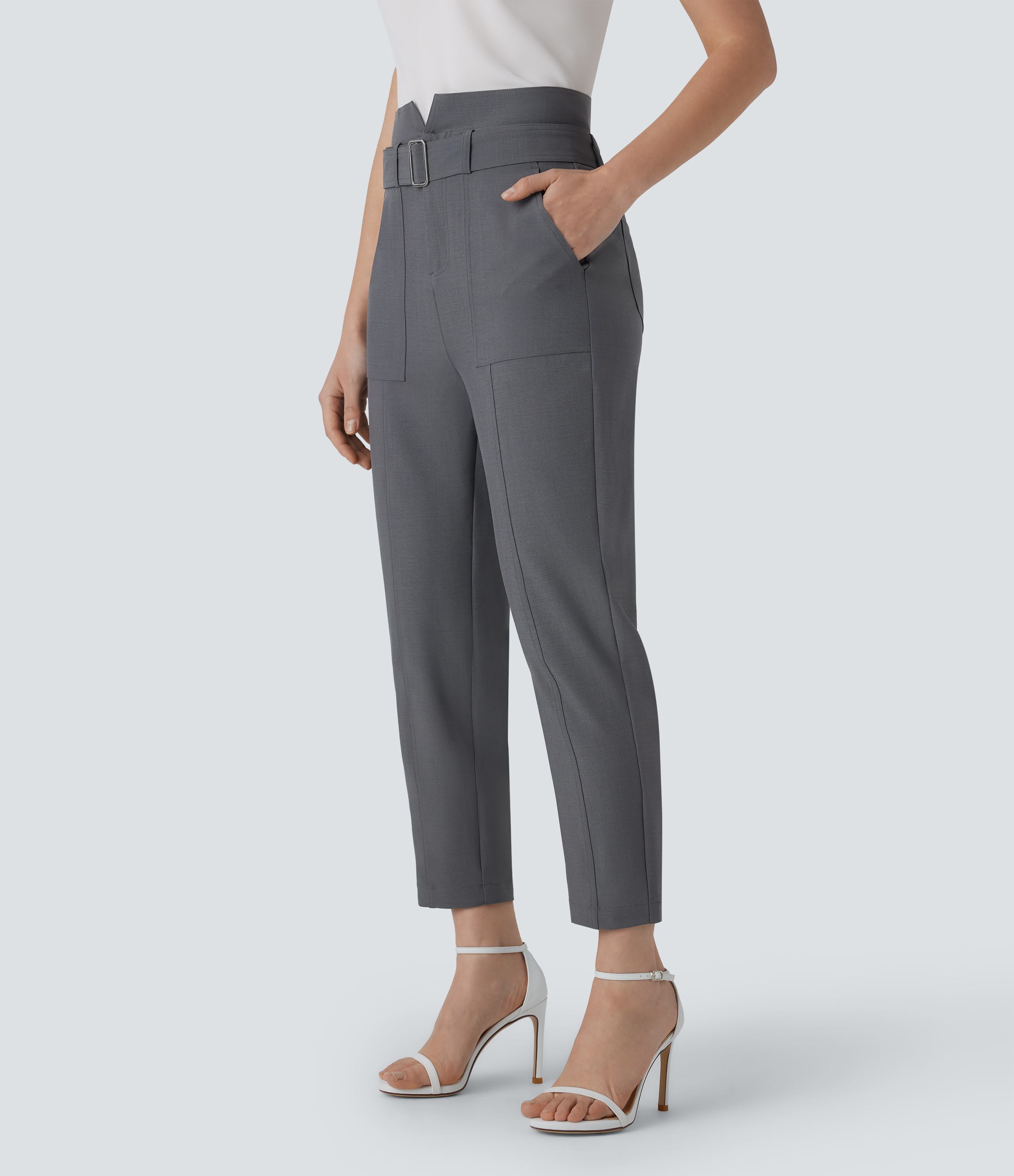 Halara Mid High Waisted Button Zipper Belted Multiple Pockets Casual Pants  - Dark Jade Grey - XS(regular) sweatpants jogger pants 