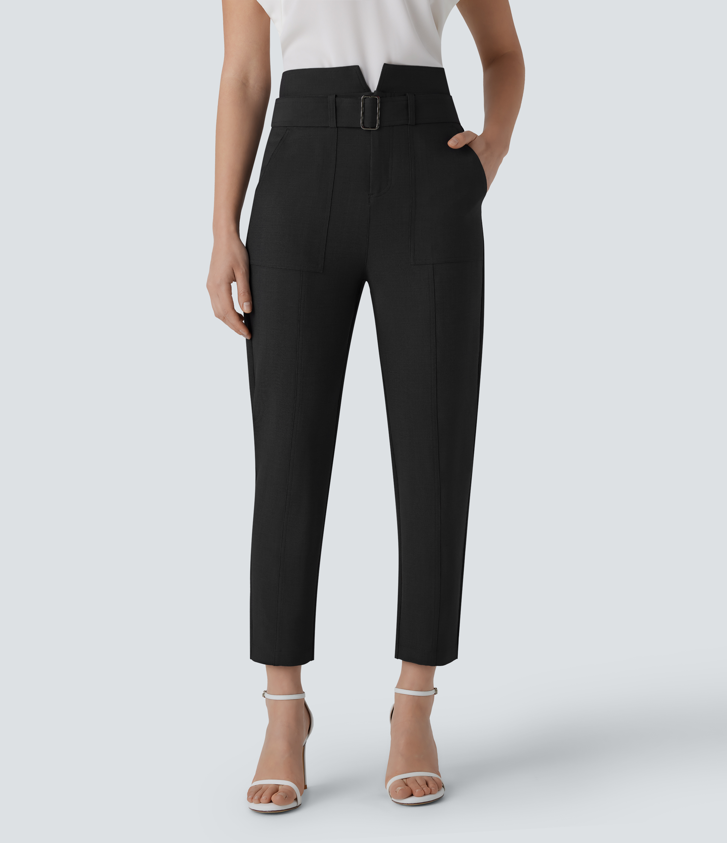 Casual mid-rise trousers with belt, zip fastening and pockets