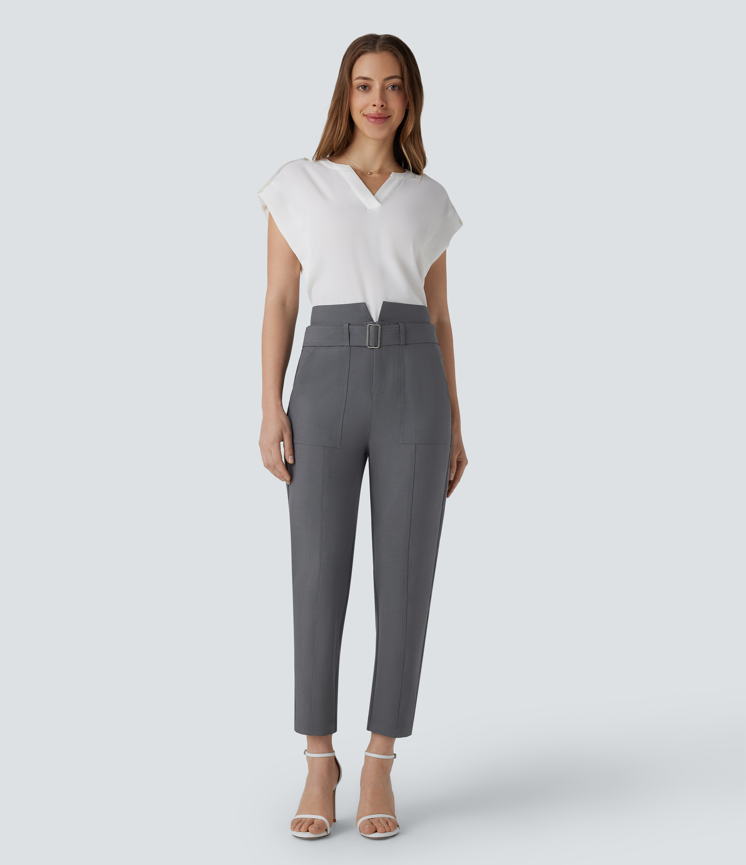 Halara Mid High Waisted Button Zipper Belted Multiple Pockets Casual Pants  - Dark Jade Grey - XS(regular) sweatpants jogger pants 