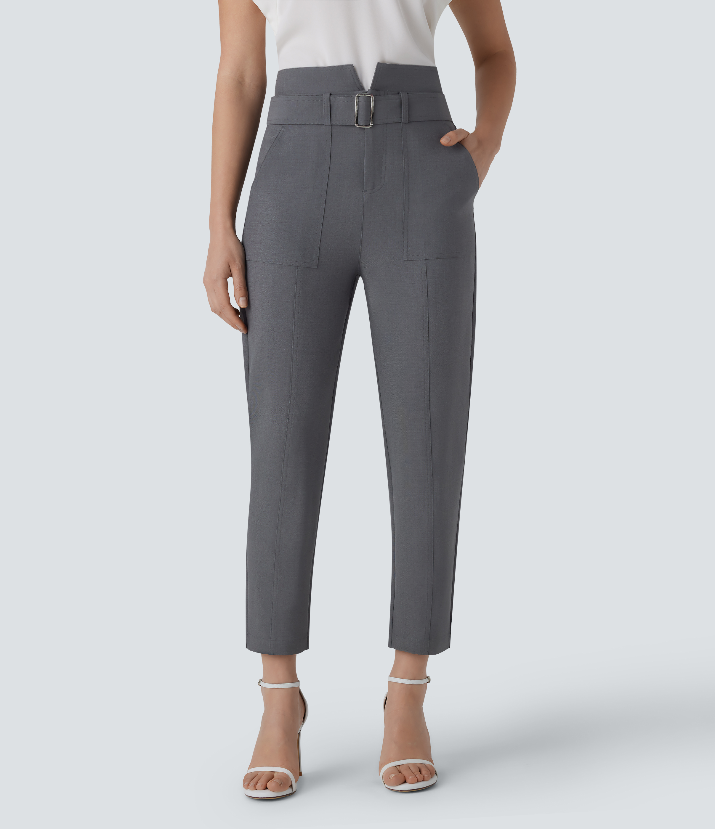 Women's Mid High Waisted Button Zipper Belted Multiple