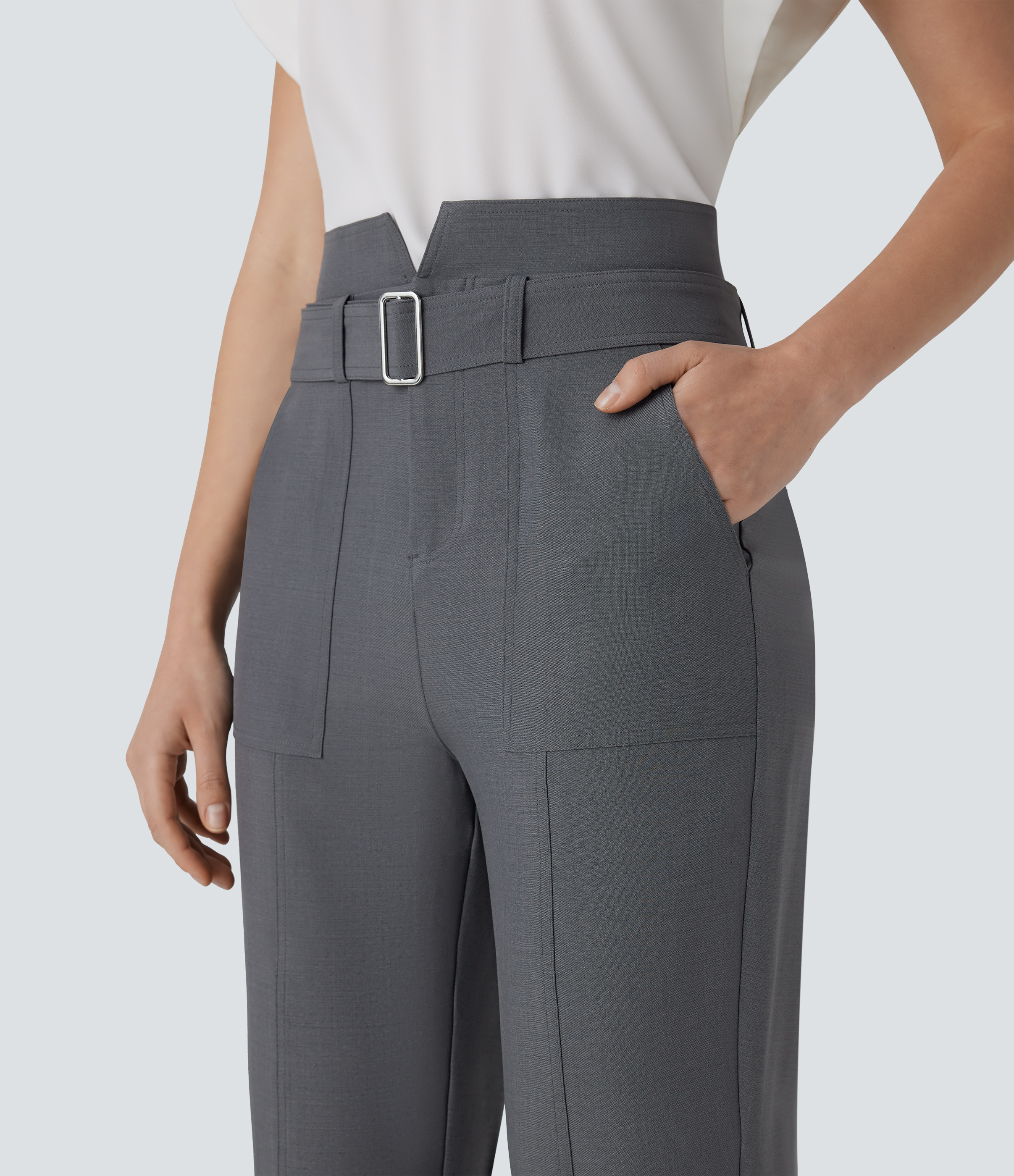 Halara Mid High Waisted Button Zipper Belted Multiple Pockets Casual Pants  - Dark Jade Grey - XS(regular) sweatpants jogger pants 